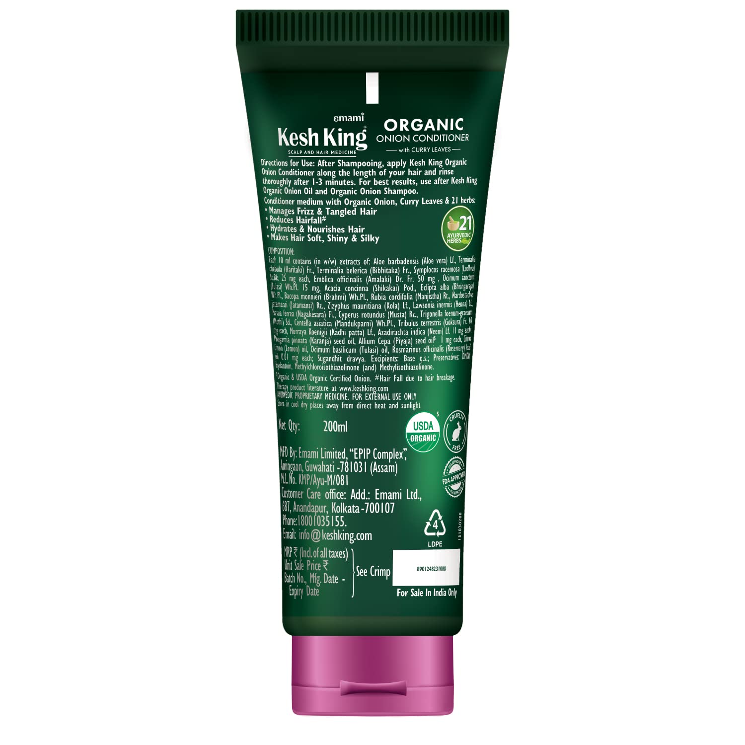 Organic Kesh King Onion & Curry Leaves Hair Conditioner - Reduces Hair Fall, Frizzy Hair Treatment for Dry & Damaged Hair - Deep Nourishing & Hydrating Formula (200ml) - Perfect for Daily Hair Care & Salon-Quality Results at Home