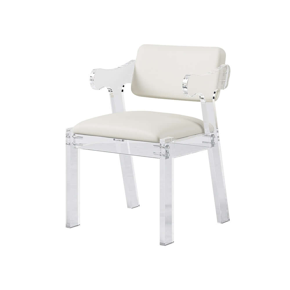 Modern Acrylic White Dining Chair with Arms - Upholstered PU Leather Dining Room Chair for Kitchen, Restaurant & Home Decor - Comfortable & Stylish Seating Solution