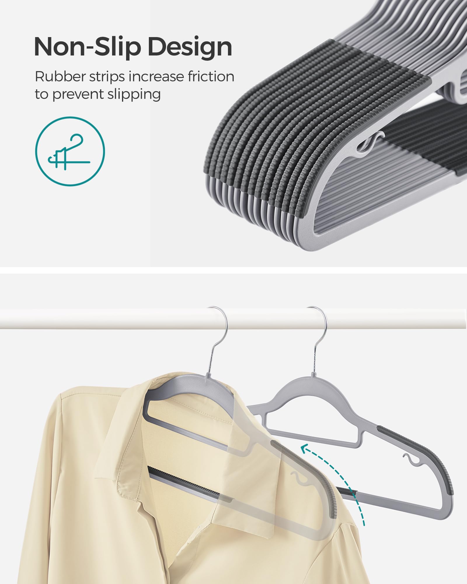 SONGMICS 30-Pack Heavy Duty Plastic Coat Hangers - Non-Slip, Space Saving Clothes Hangers with 360° Swivel Hooks (16.5