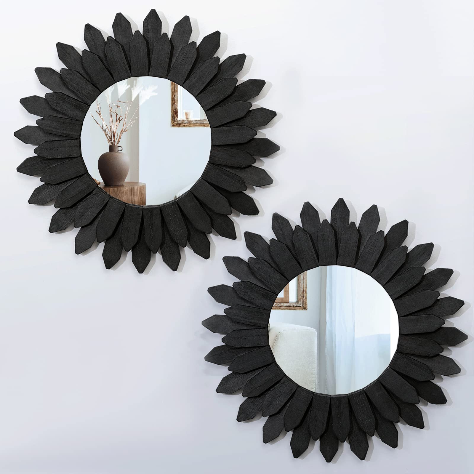 Boho Wall Decor Mirrors 2-Pack - 12 Inch Wood Decorative Round Mirrors for Farmhouse, Rustic & Modern Home Decor - Perfect for Bedroom, Bathroom, Living Room & Kitchen Wall Decor (Black)
