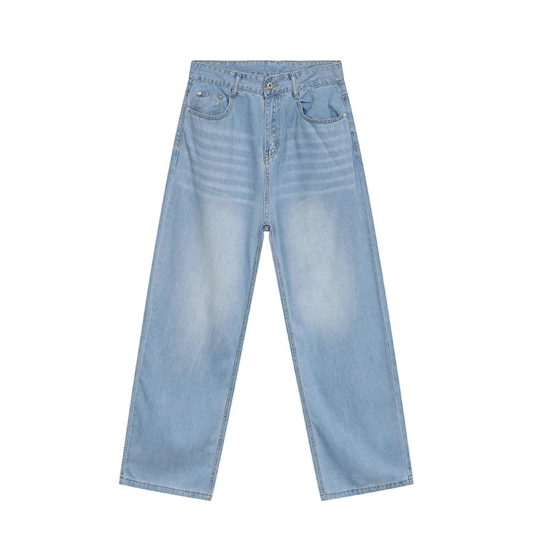 American Style Men's Loose Pocket Zipper Washed Denim Jeans - Casual Straight Wide Leg Trousers for Autumn | Trendy Streetwear & Everyday Comfort (Style 9C5395)