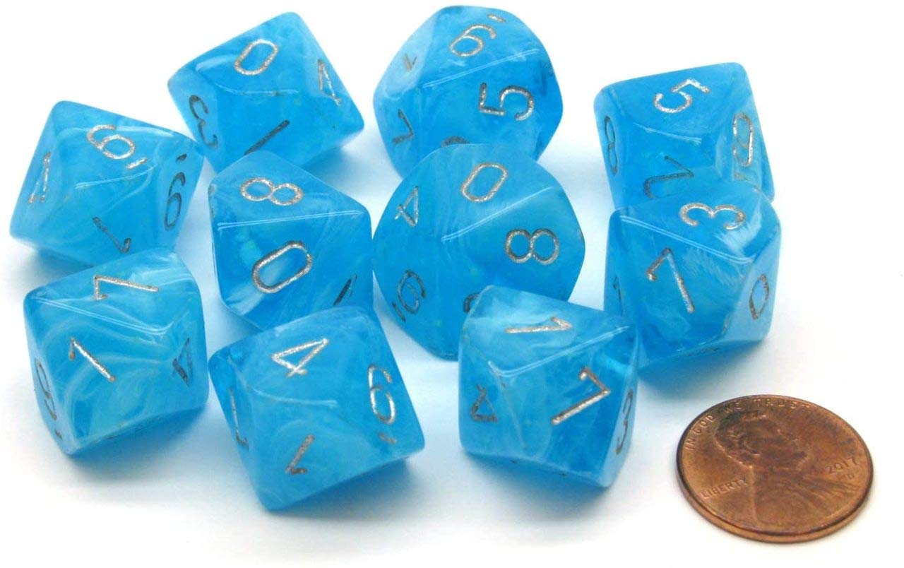 Glow in the Dark Chessex Luminary Sky/Silver 10-Sided Dice Set (10d10) - Perfect for D&D, RPG Games & Tabletop Night Play