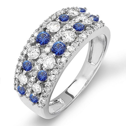 Dazzlingrock 10K White Gold Round Blue Sapphire & White Diamond Women's Anniversary Wedding Band Ring – Perfect for Engagements, Weddings & Special Occasions