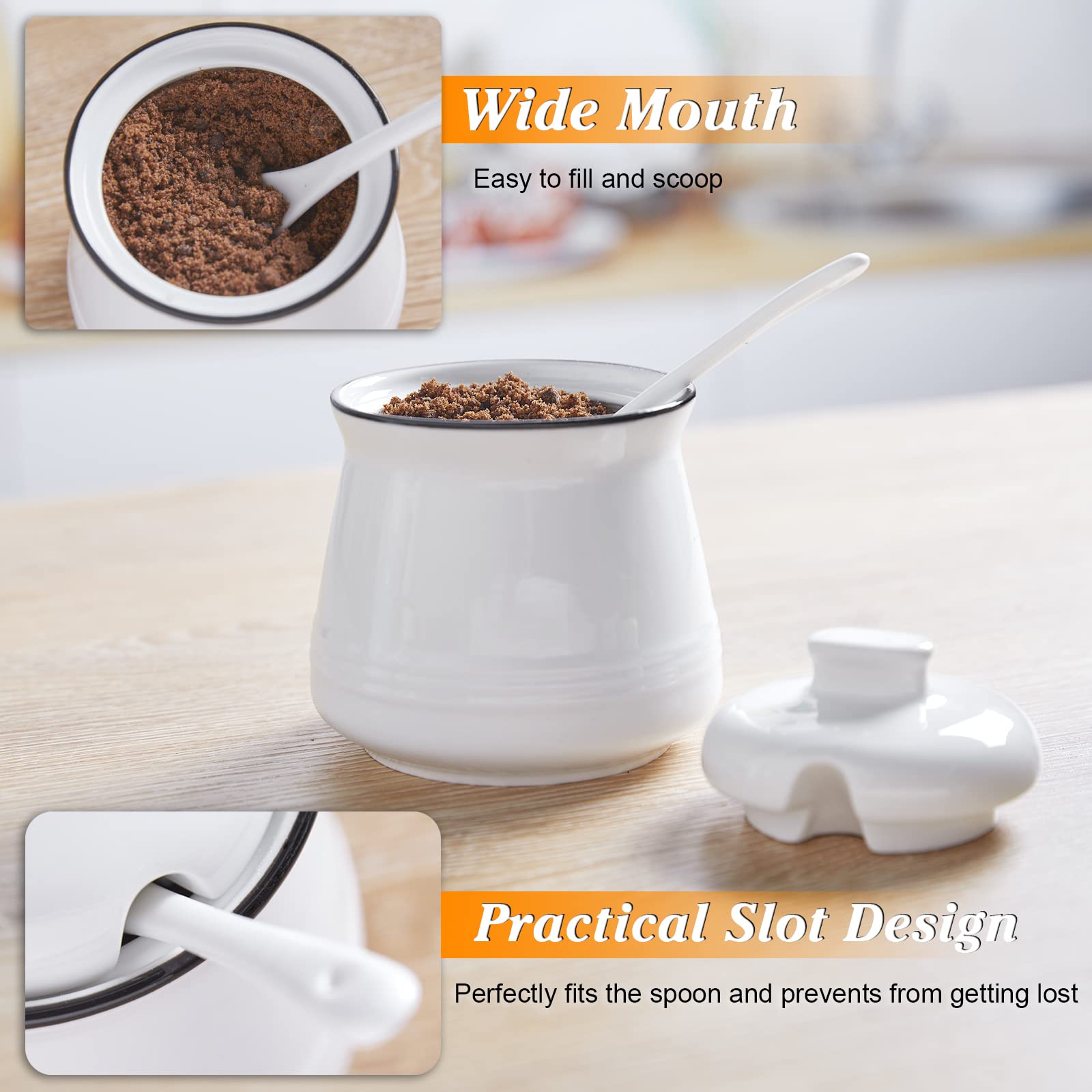 12 oz Ceramic Sugar Bowl with Lid and Spoon - White Modern Sugar Container for Coffee, Tea & Baking - Perfect for Coffee Bars, Kitchen Countertops & Dining Table Decor
