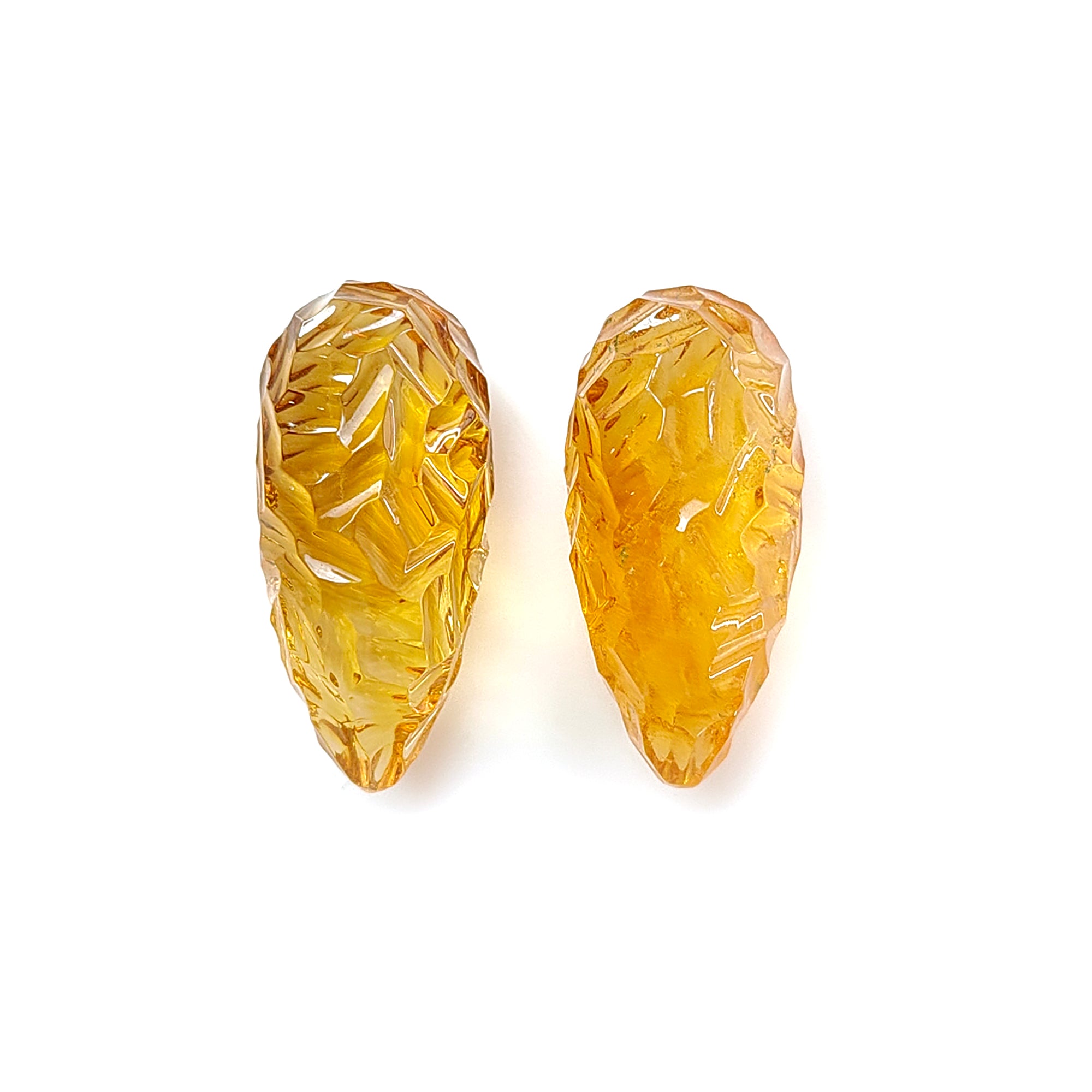 Natural Yellow Citrine Gemstone Carving - 43.40cts Untreated Unheated Hand Carved Teardrop Shape 25mm Pair - November Birthstone for Jewelry Making & Healing Crystal Collection