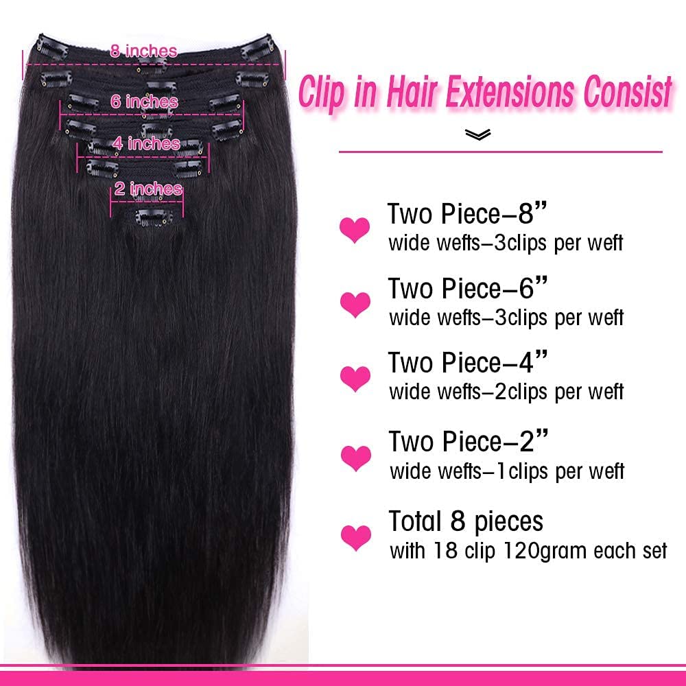100% Unprocessed Brazilian Virgin Human Hair Clip-in Extensions for Black Women - 8-Piece Set with 18 Clips, 12 Inch Straight Natural Black Hair (120g) - Perfect for Daily Styling, Special Occasions & Protective Hairstyles