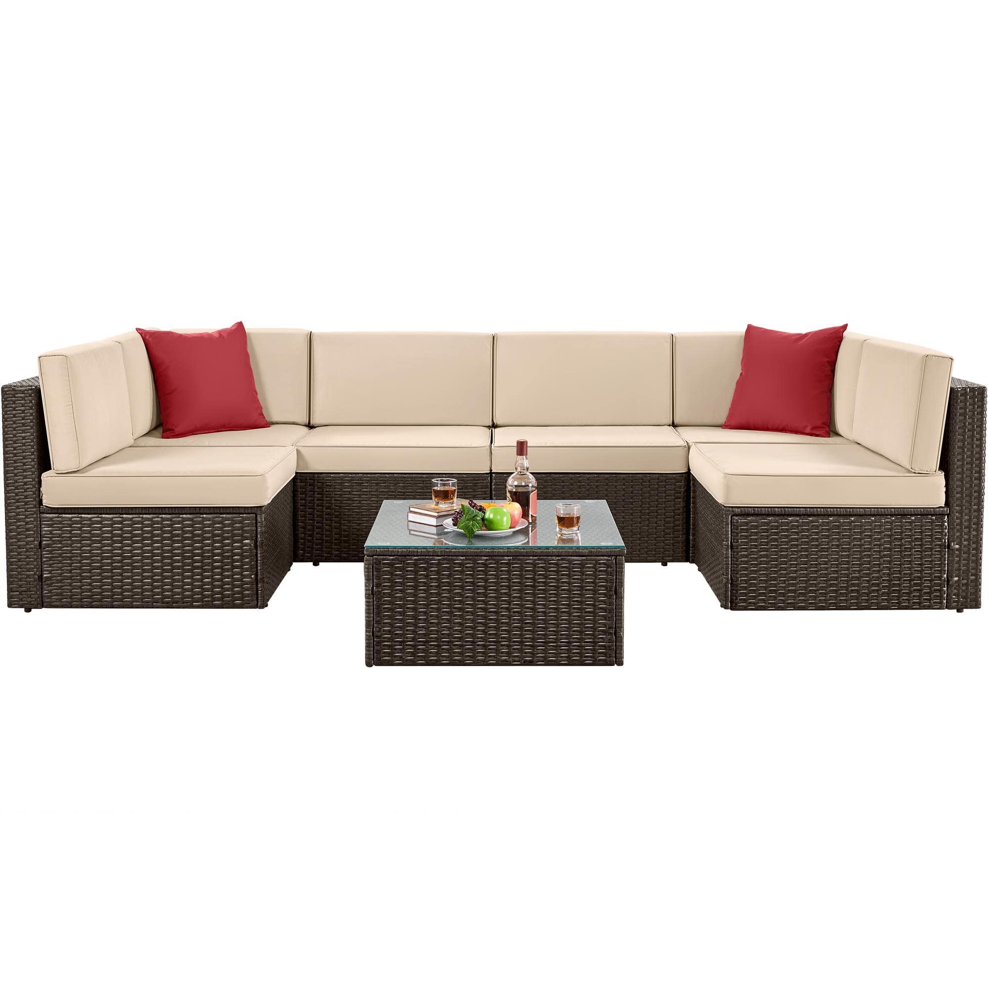 Topeakmart 7-Piece Outdoor Patio Furniture Set - Brown Rattan Sectional Sofa with Washable Cushions & Modern Coffee Table for Garden, Poolside, Backyard and Deck Relaxation