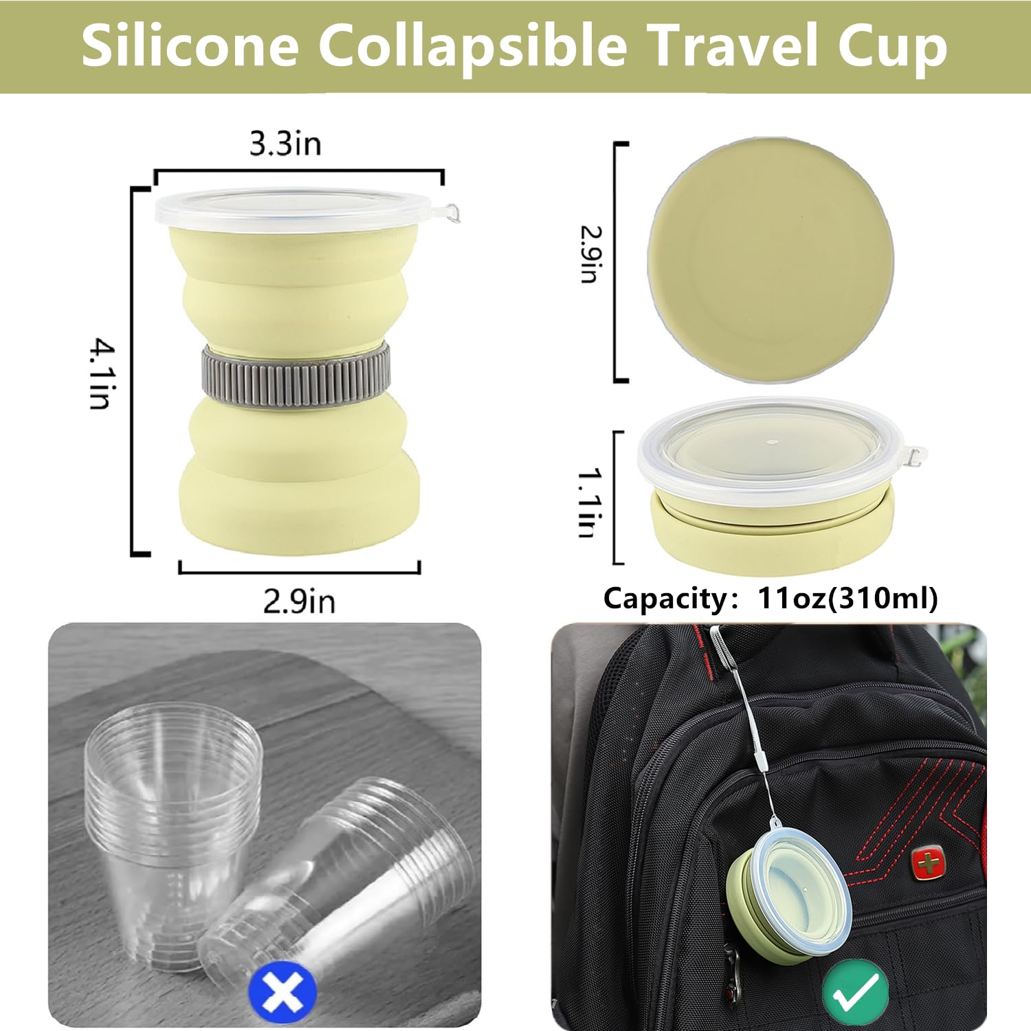 Collapsible Travel Cup 10.5oz - Foldable Silicone Cup with Lid for Camping, Hiking, Backpacking & Outdoor Adventures - Portable Leakproof Mug for Coffee, Tea & Drinks - Perfect for Travel, Picnics & Road Trips (Pink & Gray)