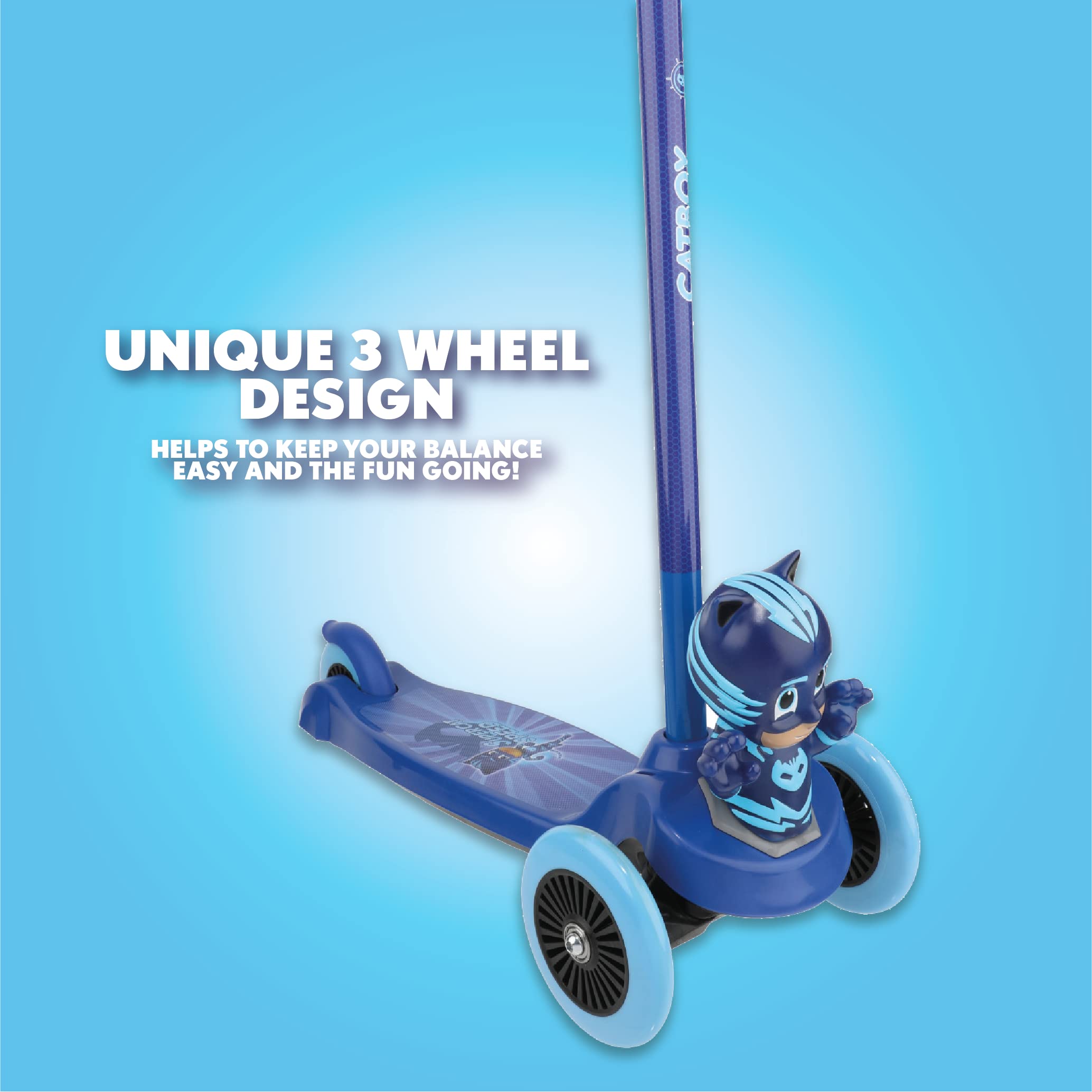 PJ Masks Kids Scooter - Self Balancing Ride-On Toy for Boys & Girls Ages 3-5 with Wide Deck & Foot Brake - Catboy, Owlette, Gekko Character Options - Perfect for Birthday Gifts & Outdoor Play