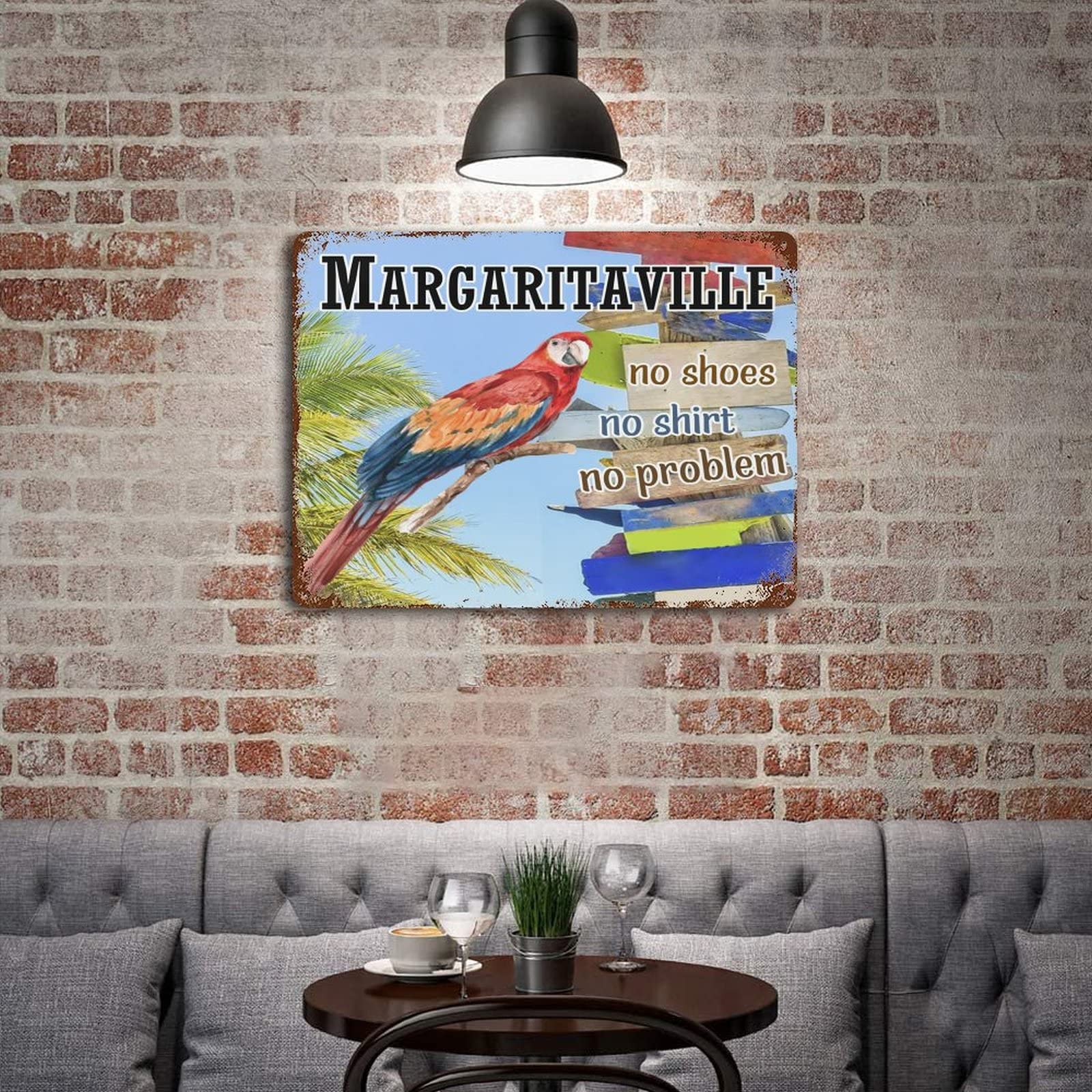 No Shoes No Shirt No Problem Parrot & Turtle Leaf Metal Sign - 16x12 Inch Rustic Aluminum Wall Decor for Bar, Cafe, Beach House & Outdoor Use