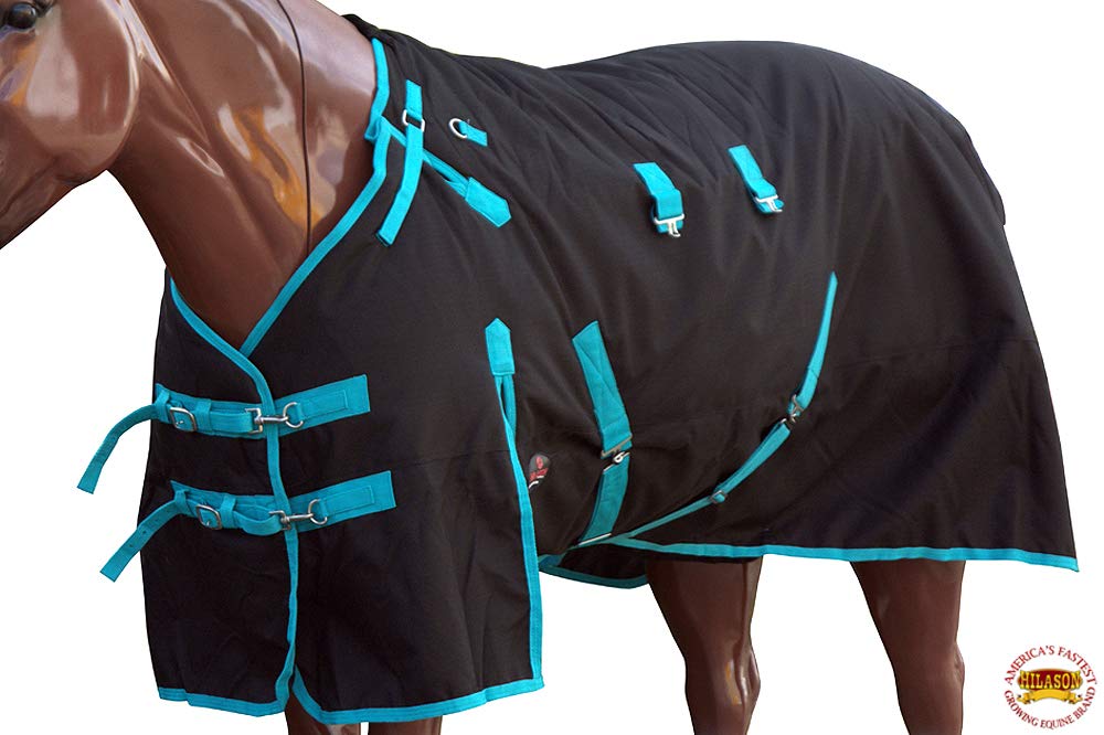 HILASON 1200D Winter Waterproof Horse Blanket with Belly Wrap - 78 Inch Black & Turquoise - Heavy Duty Turnout Blanket for Cold Weather | Ideal for Pasture, Riding, and Stable Use