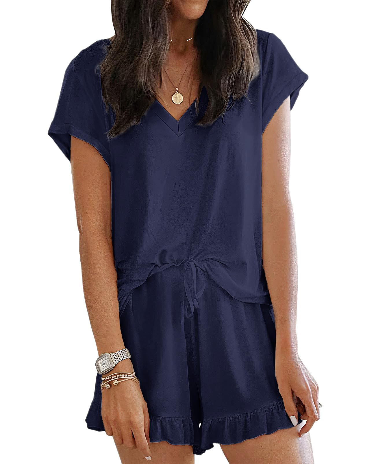 LuckyMore Women's Soft Short Sleeve V-Neck Pajama Set - Breathable Lounge Sleepwear with Comfortable Shorts for Summer Nights & Relaxing at Home
