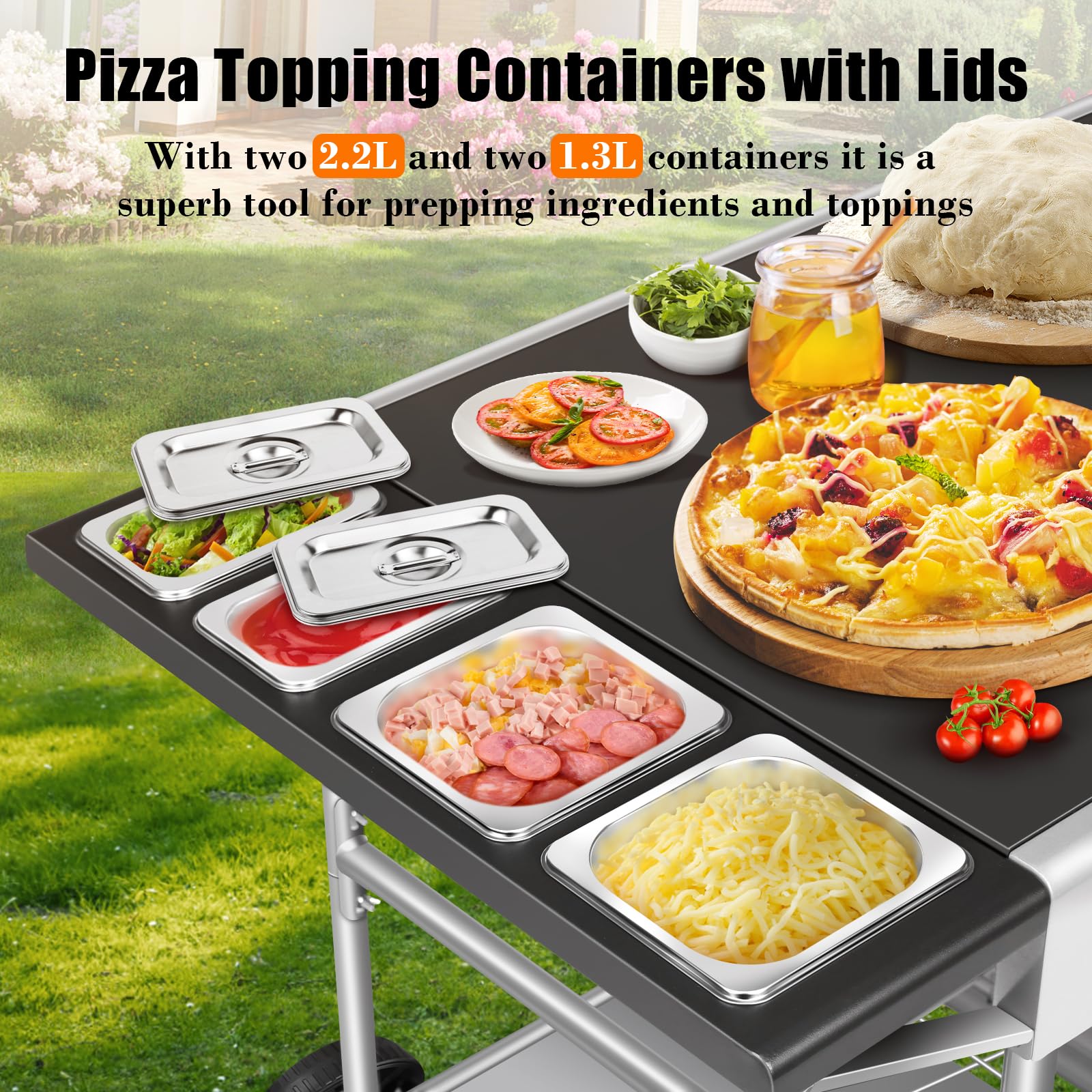 Premium Outdoor Pizza Oven Cart with Topping Station - Heavy Duty Grill Table for Ooni Koda/Karu/Fyra 16 & 12, Ninja Woodfire & Blackstone - Perfect for Backyard Cooking, Patio Entertaining & Outdoor Pizza Parties