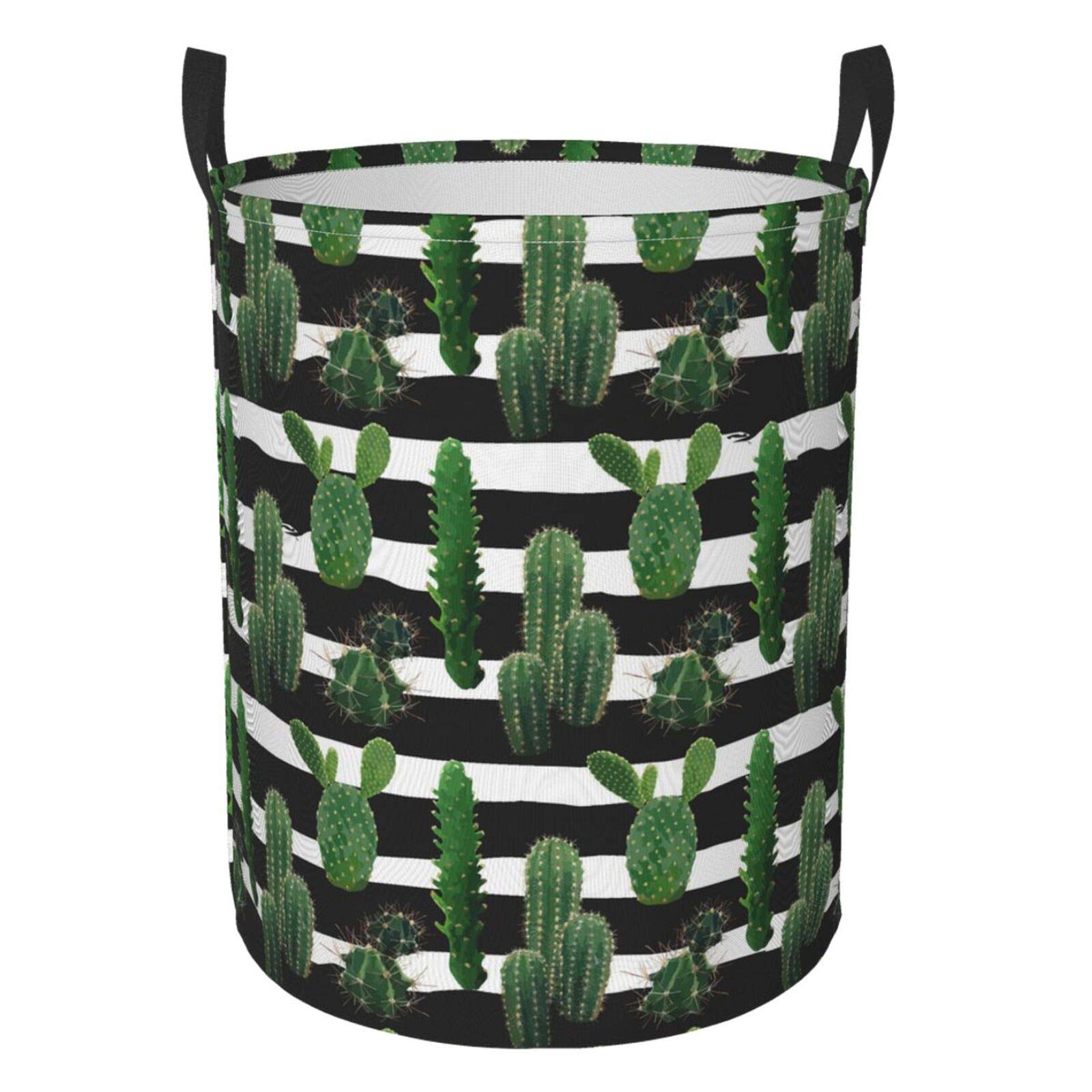 FeHuew Modern Striped Tropical Cactus Collapsible Laundry Basket with Handles - Waterproof Fabric Hamper Organizer for Dirty Clothes, Toys & Bathroom Storage - Perfect for Home, Dorm & Travel Use