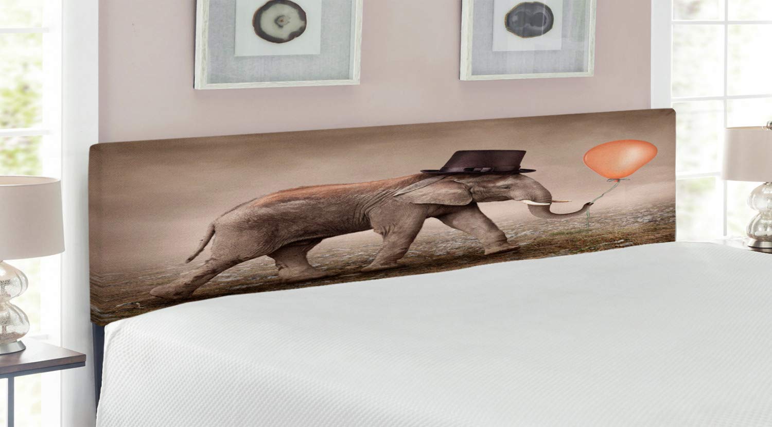 Ambesonne King Size Upholstered Elephant Headboard - Black Hat Magic Balloon Surreal Art Design, Decorative Metal Bed Frame with Memory Foam in Orange Black Taupe | Perfect for Bohemian & Eclectic Bedroom Decor
