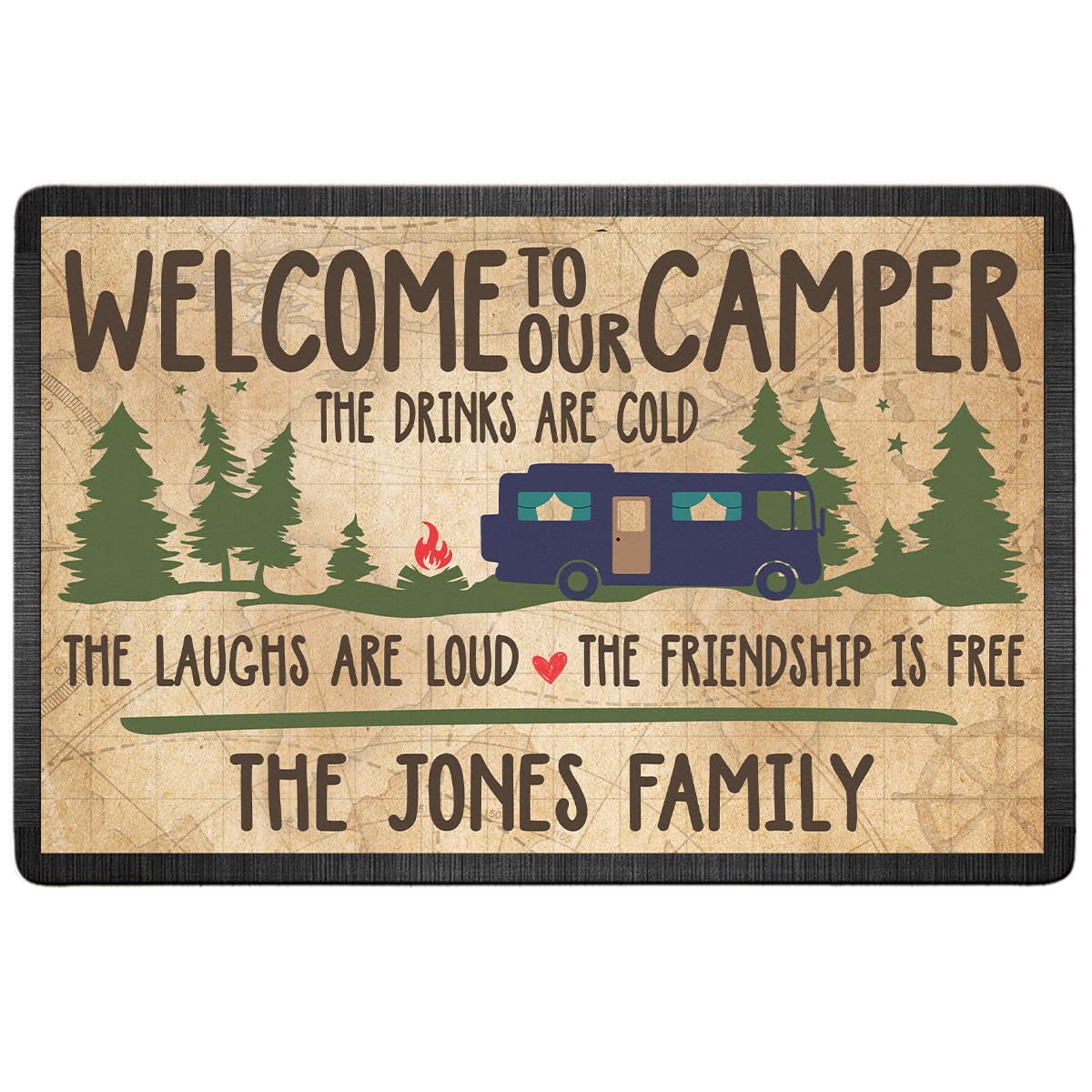 Custom Personalized Welcome to Our Camper Doormat - Family Name Engraved | 16x24 Inch Outdoor RV Mat | Perfect for Campers, RVs & Trailers | The Drinks Are Cold The Laughs Are Loud The Friendship Is Strong