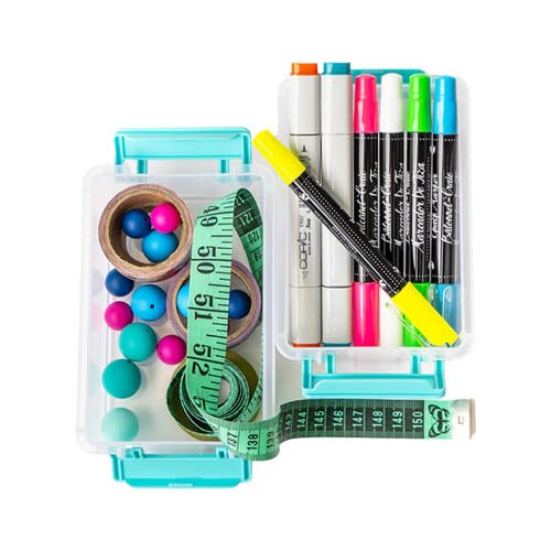 Joy Filled Storage - 2 Clear Stackable Food Storage Containers with Lids (5.5x4x2 Inches) - Turquoise Trim for Crafts, Kitchen Organization & Home Decor | Perfect for Baking Supplies, Office Desk & Craft Room Storage