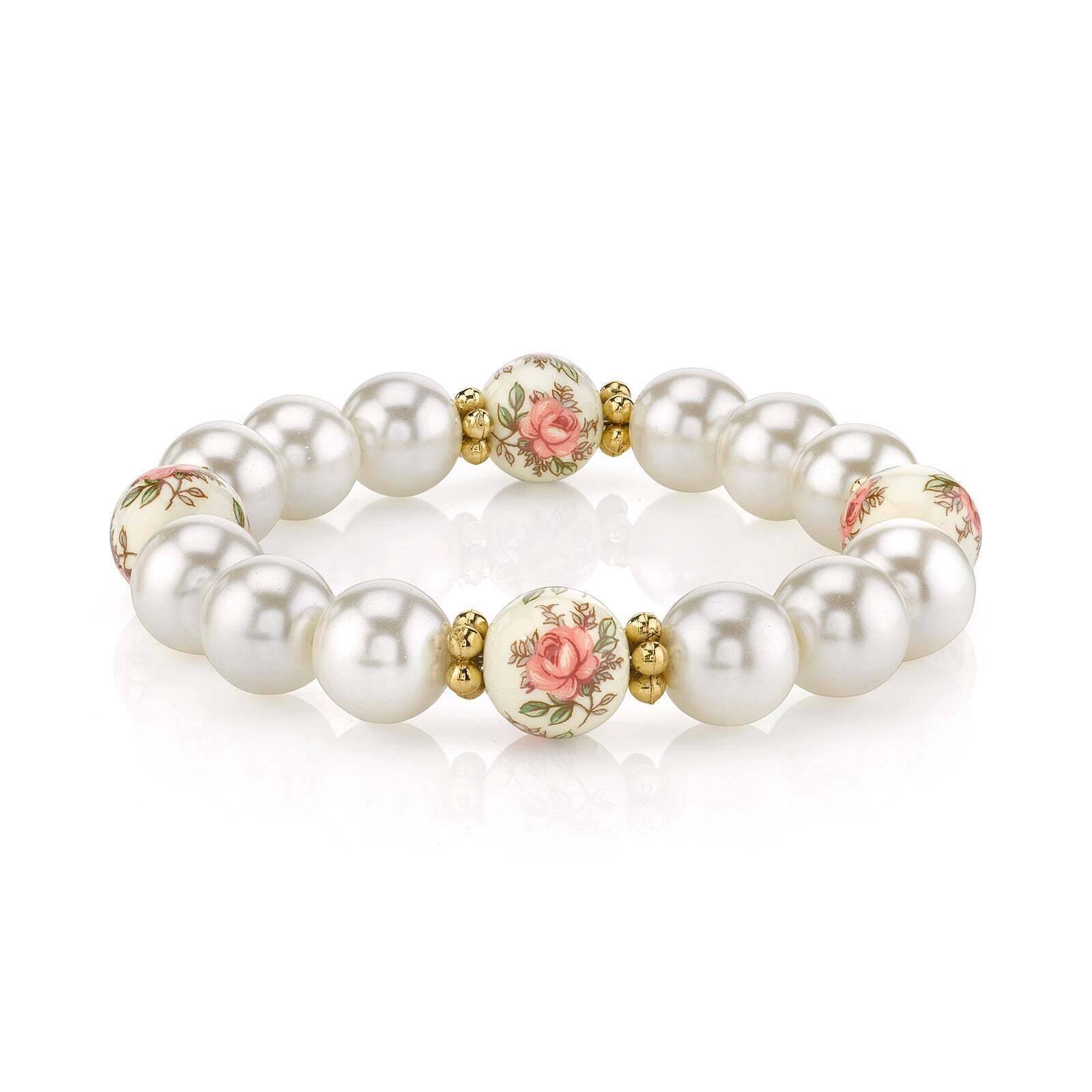 1928 Jewelry Ivory & Desert Pink Rose Faux Pearl Stretch Bracelet - Elegant Vintage Style Beaded Bracelet for Women, Perfect for Weddings, Parties & Everyday Wear