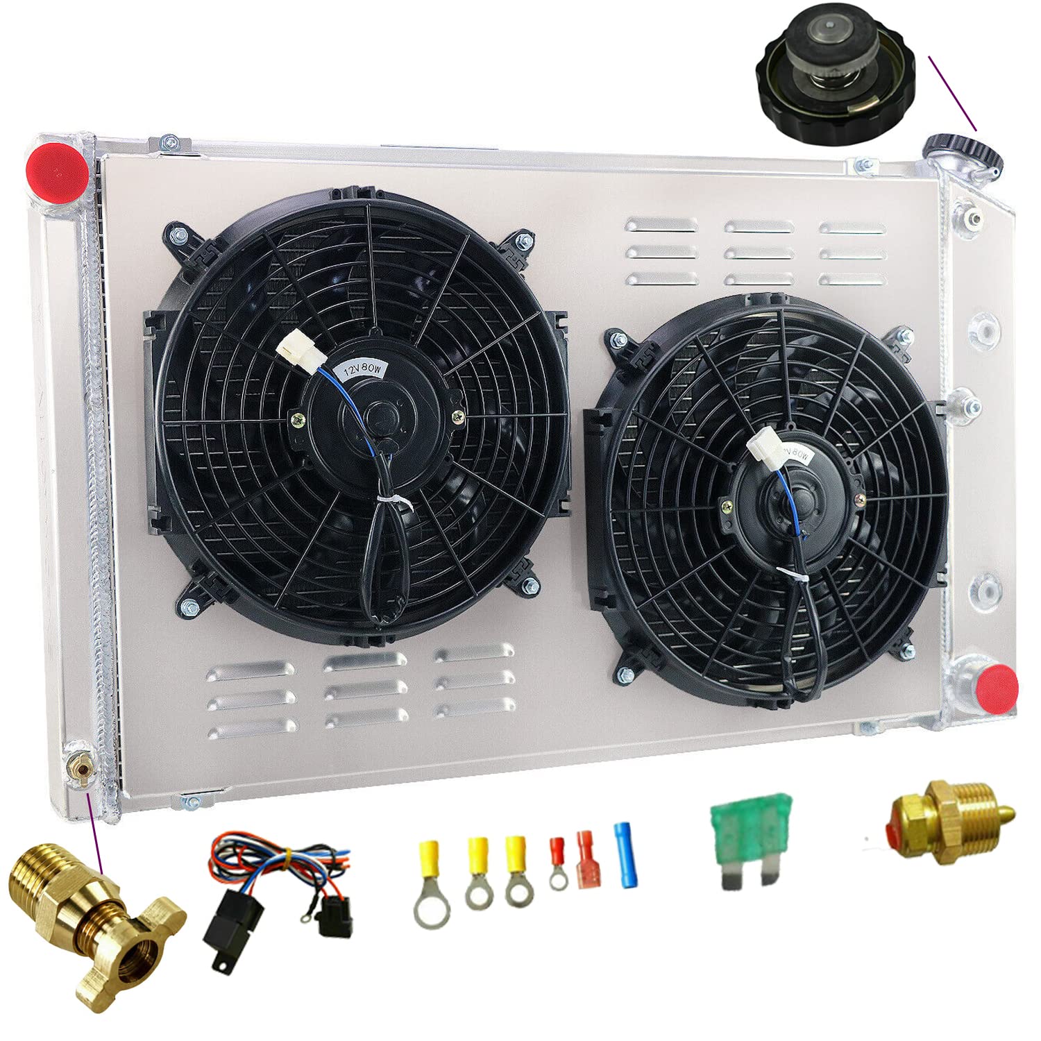 Full Aluminum Radiator Kit with Shroud, Fan & Thermostat for 1973-1990 Chevy Caprice C10 C20 C30 K10 K20 K30 Suburban El Camino Malibu - 4 Row Heavy Duty Cooling System Upgrade for Classic Trucks & SUVs