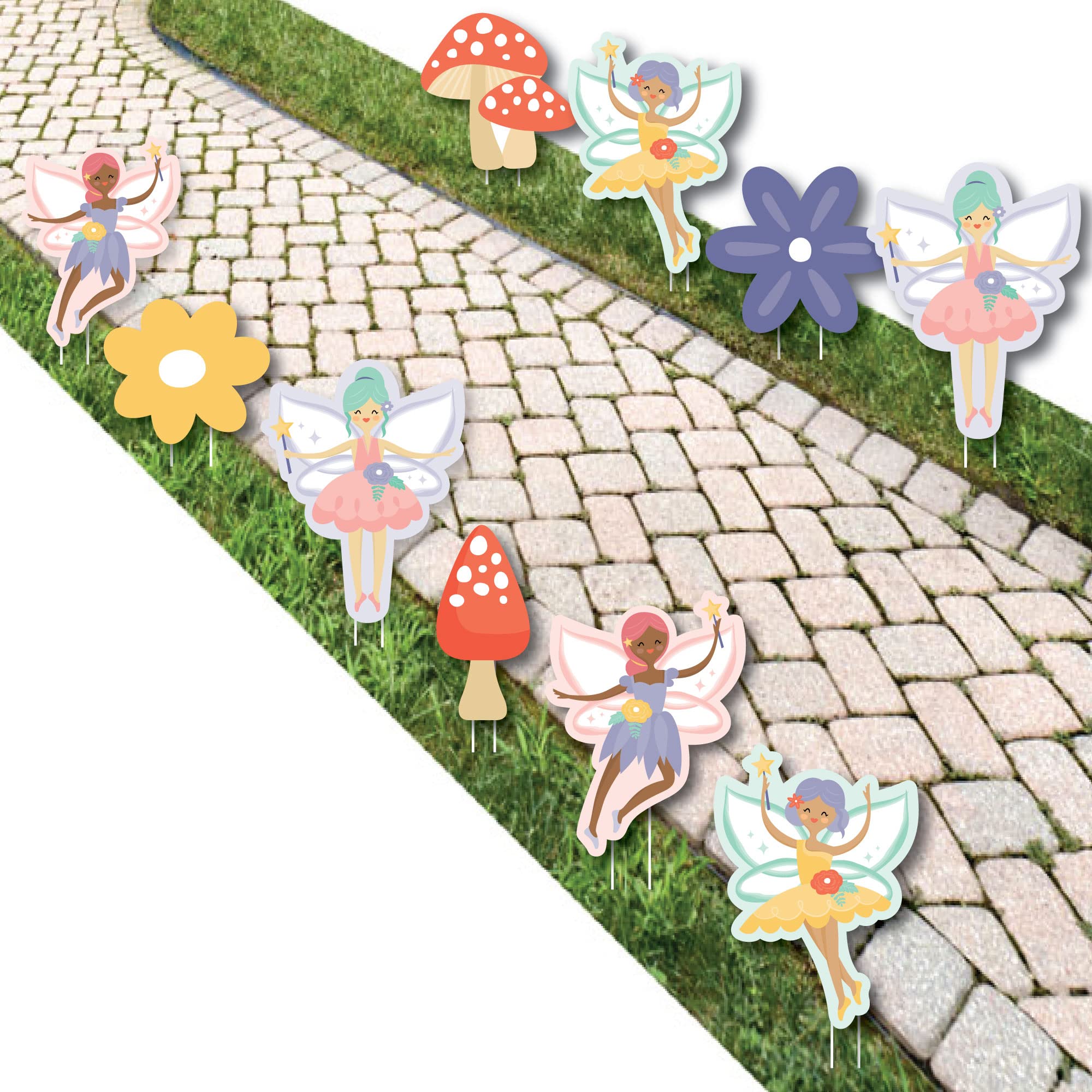 Big Dot of Happiness Let’s Be Fairies - 10-Piece Outdoor Fairy Garden Decor Set with Flowers & Mushrooms for Birthday Parties, Lawn & Yard Decorations | Perfect for Garden Themed Events, Kids Birthday Decor & Magical Backyard Displays
