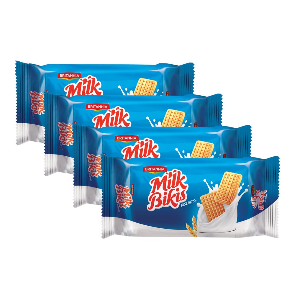 BRITANNIA Milk Bikis Biscuits 3.17oz (90g) - Delicious Kids Snacks for Breakfast, Tea Time & School Lunch - Crunchy Milk Cookies Pack of 4 - Perfect for Toddlers, Daycare & On-the-Go Snacking