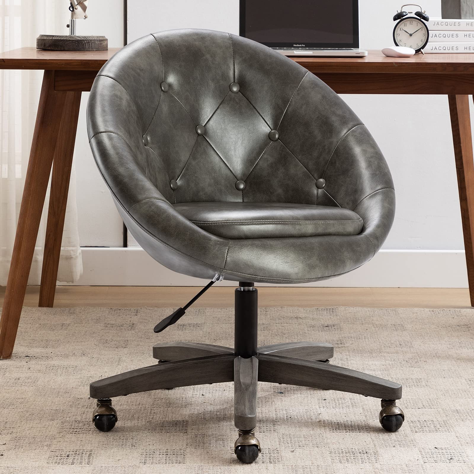 Premium PU Leather Executive Office Chair - Adjustable Swivel Desk Chair with Tufted Round Back, Grey - Perfect for Home Office, Conference Rooms & Workspaces