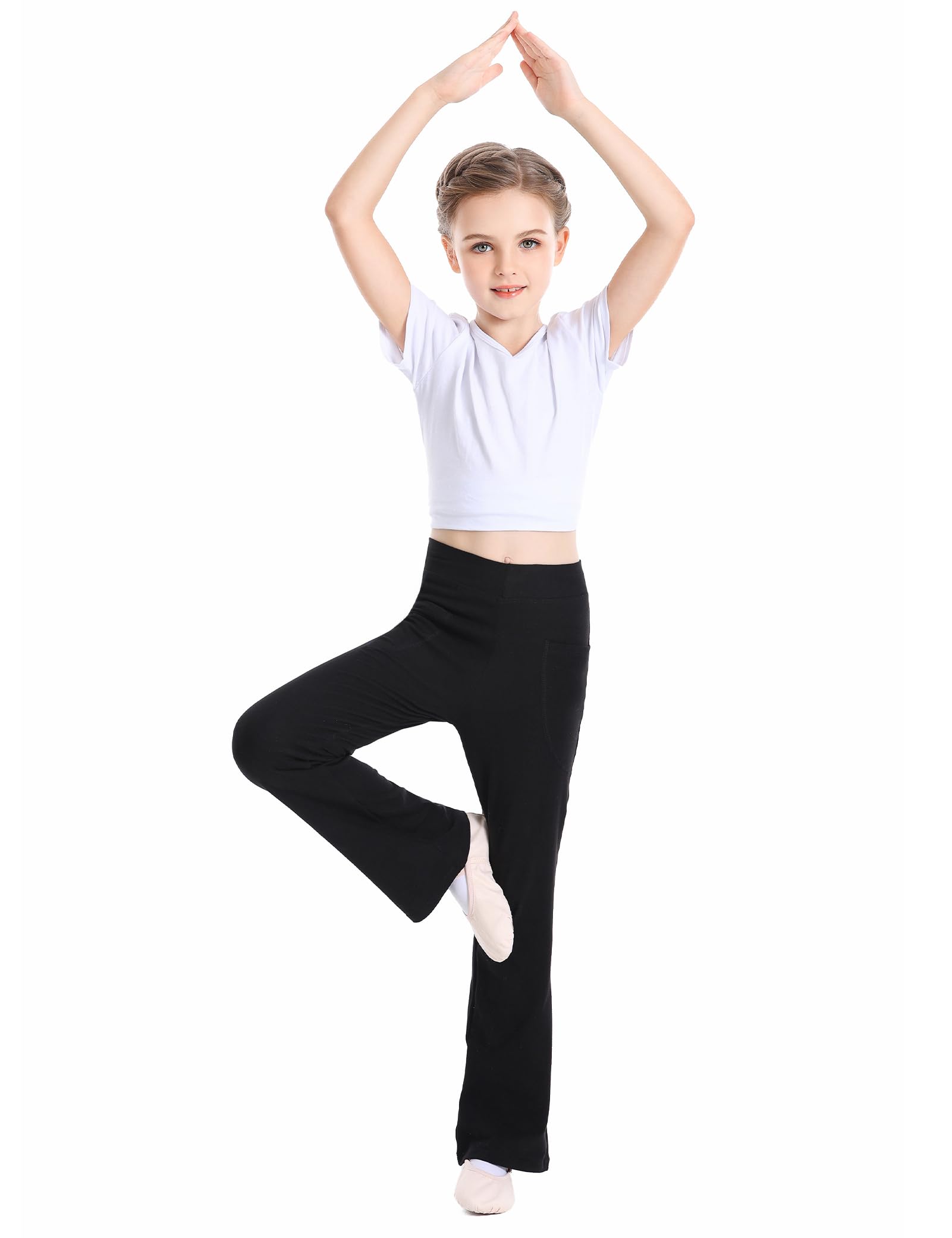 Phoeswan High Waisted Flare Leggings for Girls - Cotton Black Bell Bottom Pants | Full Length Jazz Dance Yoga Pants for Teens & Kids | Perfect for Dance Class, Yoga Practice & Casual Wear