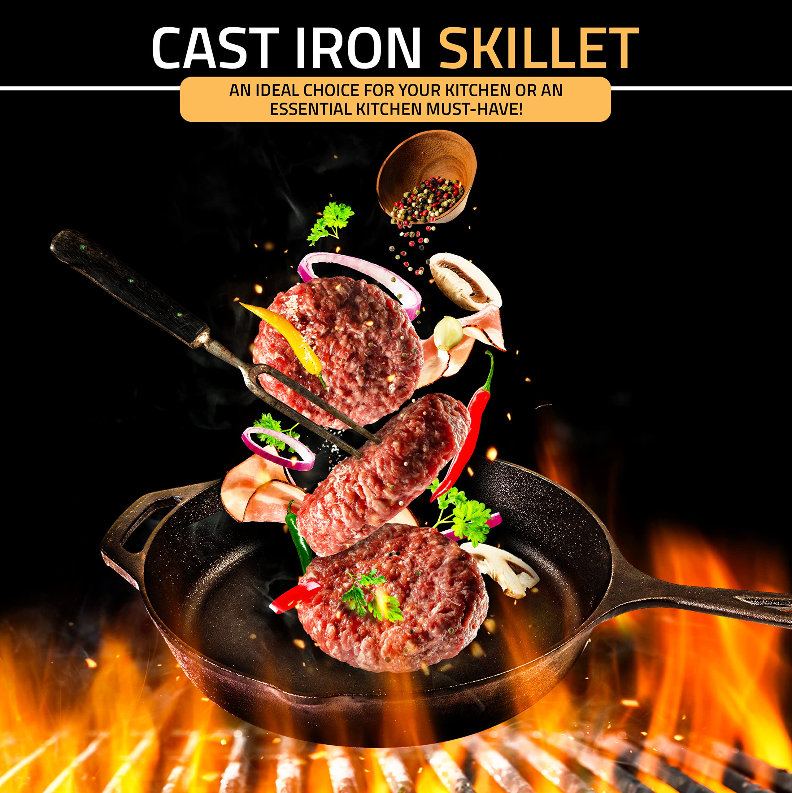 KICHLY 10.25 Inch Pre-Seasoned Cast Iron Skillet - Heavy Duty Frying Pan & Grill Cookware for Indoor/Outdoor Cooking - Perfect for Camping, BBQ & Stovetop Use