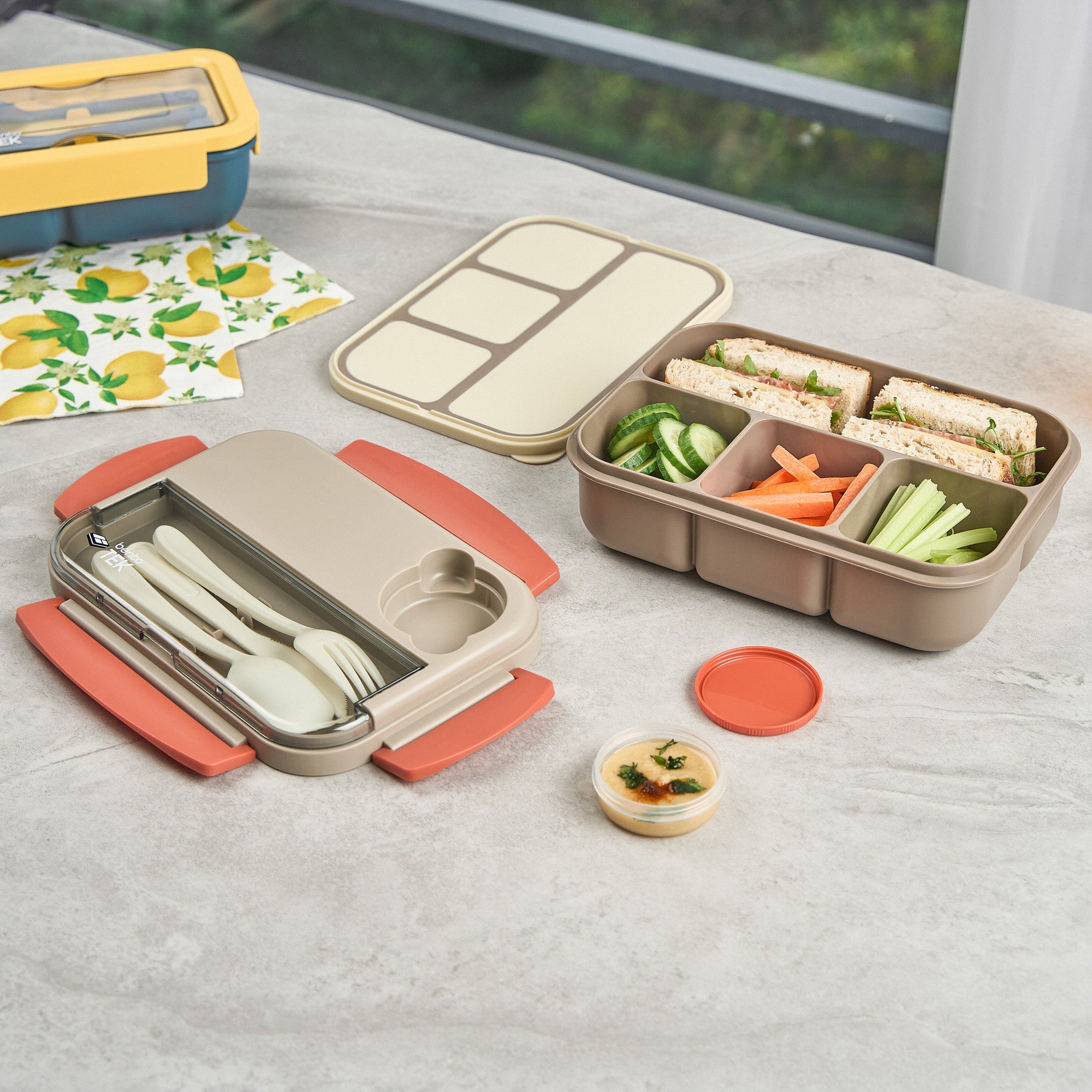 Bento Tek 44oz BPA Free Lunch Box - Microwave Safe Brown & Orange Food Container with Utensils (9x6.5x3.25 Inches) - Perfect for Office, School & Picnic Meals