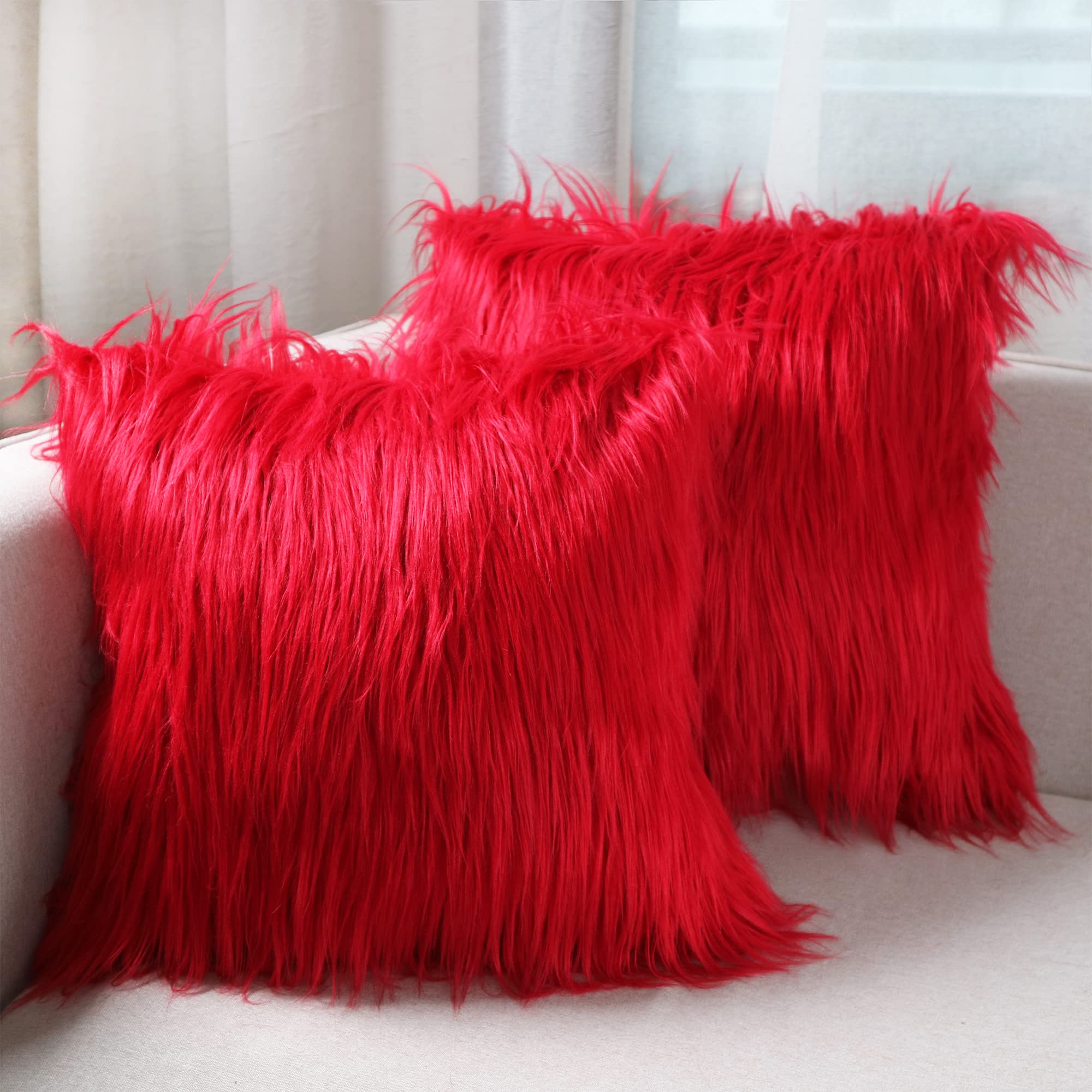 Luxury Faux Fur Throw Pillow Covers 18x18 Inch (45x45cm) - Soft Mongolian Long Fur Square Cushion Covers for Couch, Sofa & Floor - 100% Polyester Home Decor (Bright Red, 2-Pack) - Perfect for Living Room, Bedroom & Cozy Home Decor