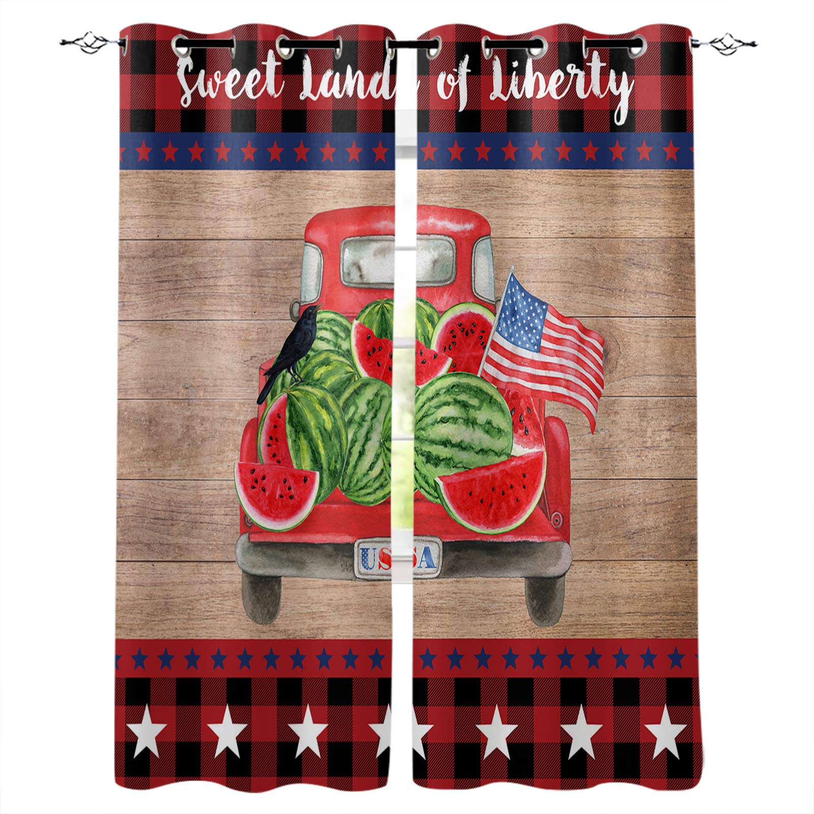 American Flag Truck Watermelon Patriotic Room Darkening Window Curtains with Grommet Top - Red Grid Blue Star Design for Bedroom, Kitchen & Living Room - Perfect for Flag Day Decor, Home Theater Blackout & Sun Protection