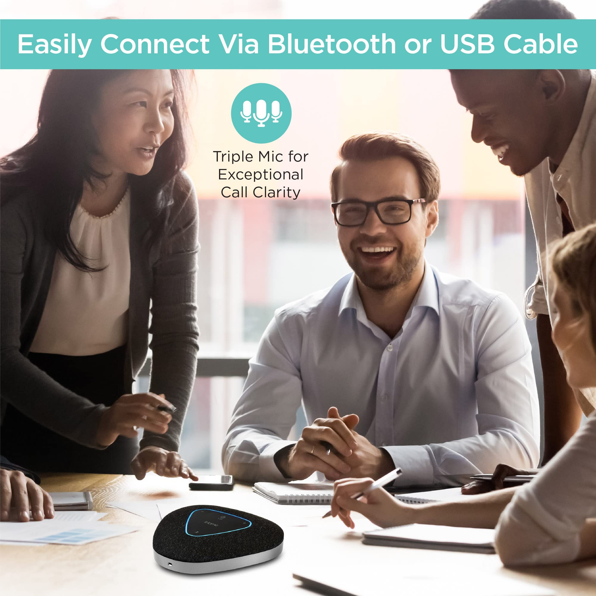 iHome Conference Speaker and Microphone - USB & Bluetooth Speakerphone with 3 Noise Cancelling Mics for Home Office, Compatible with Mac/Windows/iOS/Android - Perfect for Zoom Meetings & Remote Work