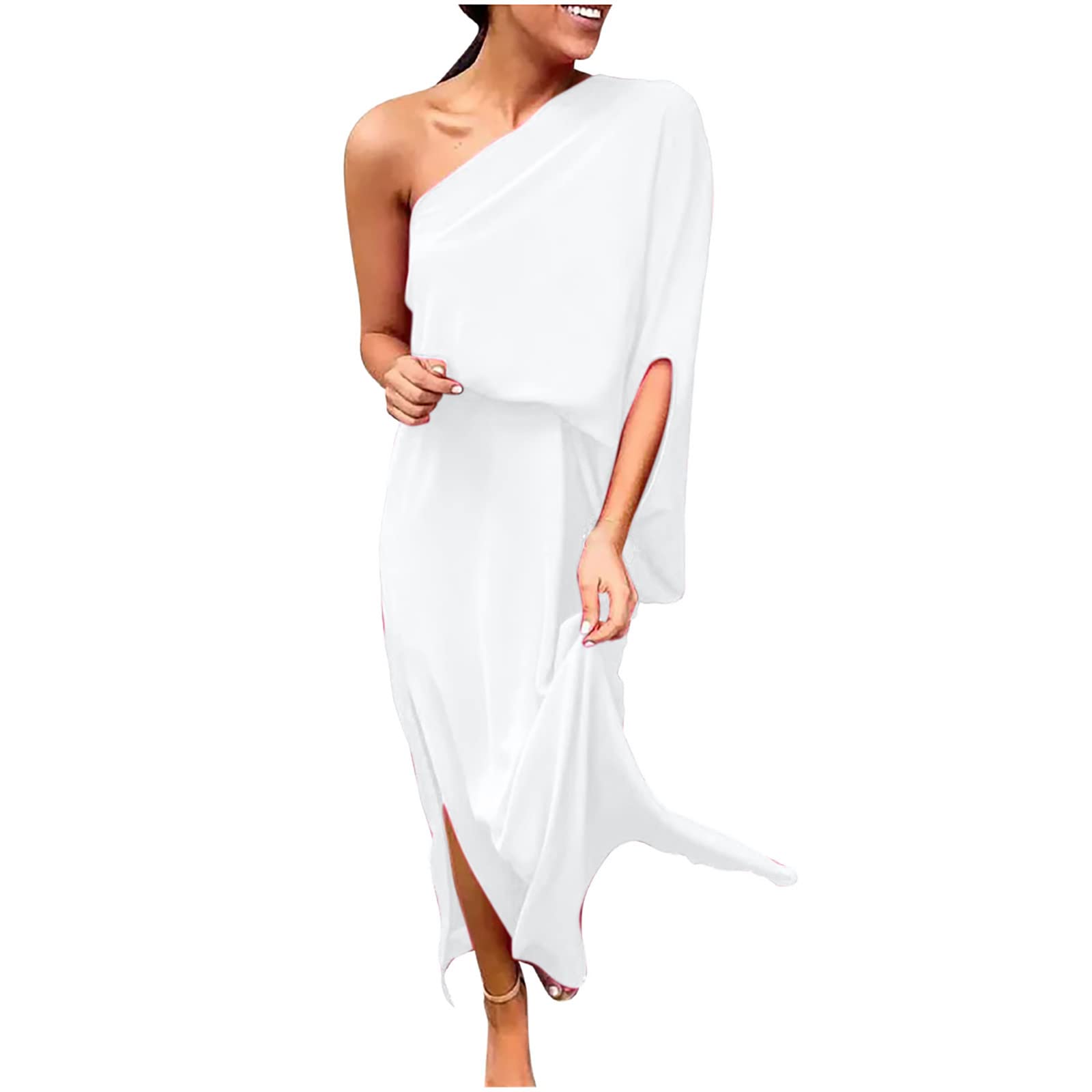 bmkBWO Women's Sexy One Shoulder Long Sleeve A-Line Waisted Maxi Dress - Elegant Solid Color Wedding Guest & Church Dress for Special Occasions