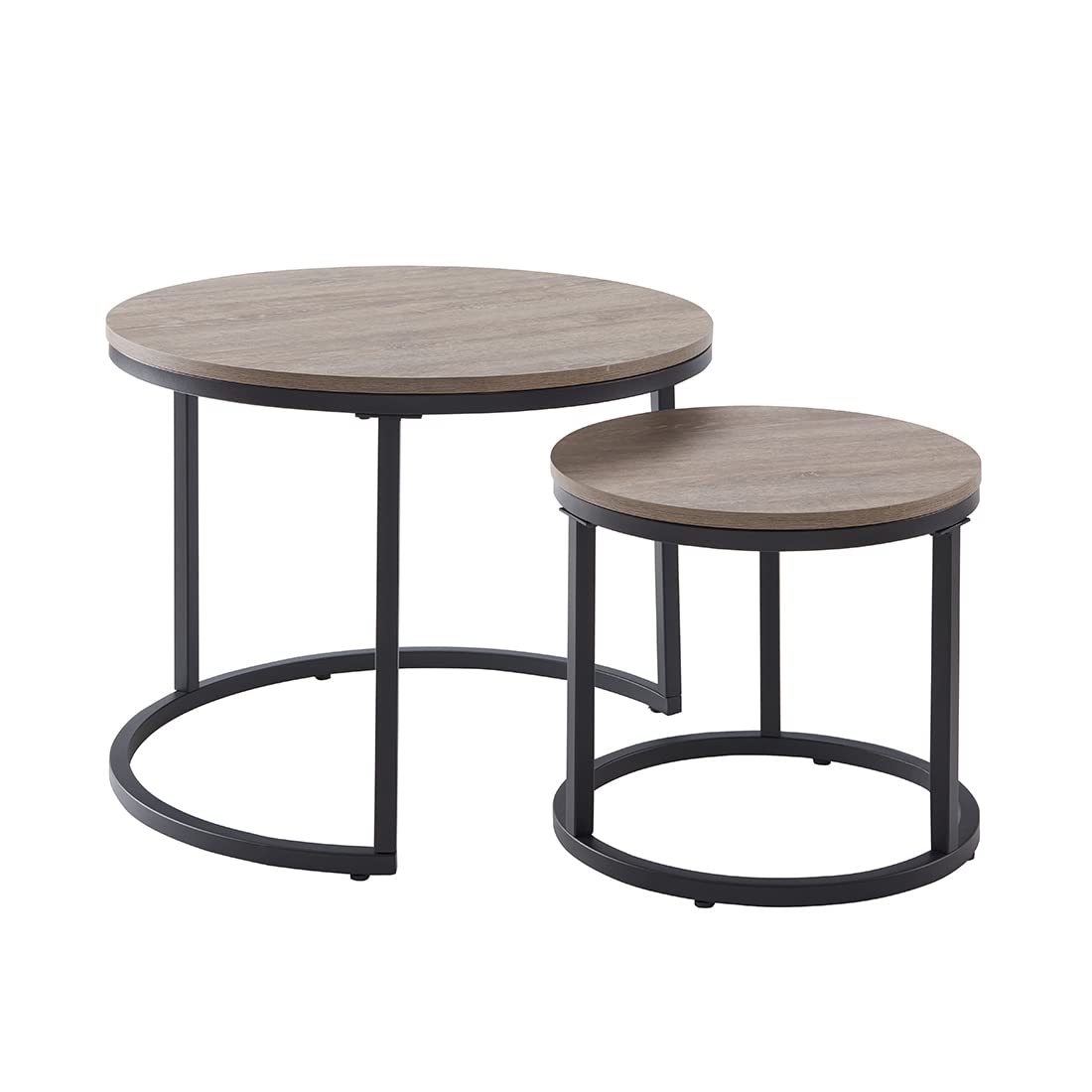 CENSI 23.6-Inch Grey Oak Round Nesting Coffee Table Set - Modern Industrial Wood & Metal Side Tables for Living Room, Lounge, Office - Space-Saving Home Decor (Grey Wash Finish)