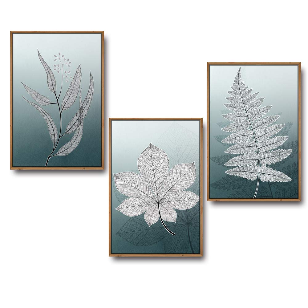 3 Piece Framed Canvas Wall Art Set - Leaf Theme Modern Home Decor for Living Room & Bedroom - Ready to Hang 24