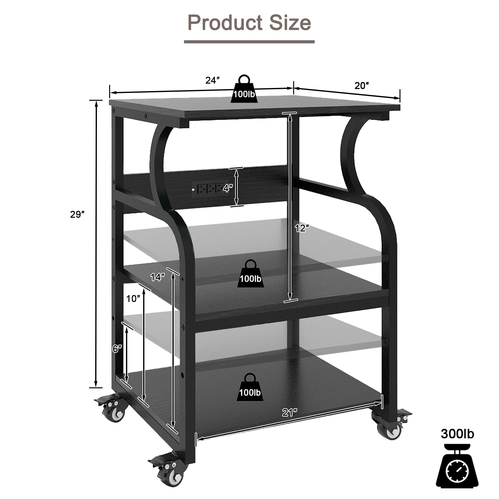 Natwind Large Printer Stand - 24''x20''x29'' Adjustable Storage Shelf Rolling Cart with Wheels, 3-Tier Multifunctional Shelves for Heat Press & 3D Printer, Home Office Organization (Black) - Perfect for Craft Rooms, Printing Workshops & Small Business Spaces