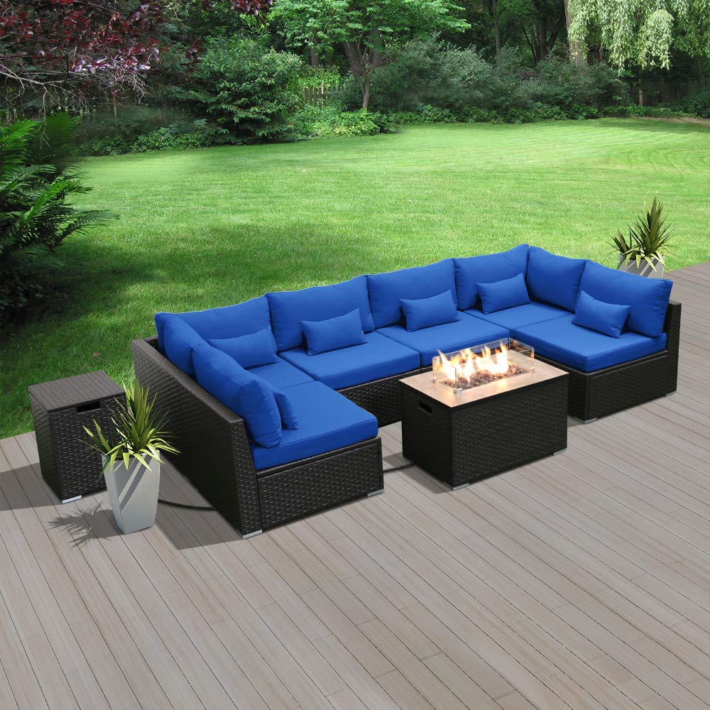 Premium Dineli Outdoor Patio Furniture Set - 7-Piece Sectional Sofa with Rectangular Gas Fire Pit Table, Royal Blue Cushions - Perfect for Backyard, Poolside & Garden Gatherings