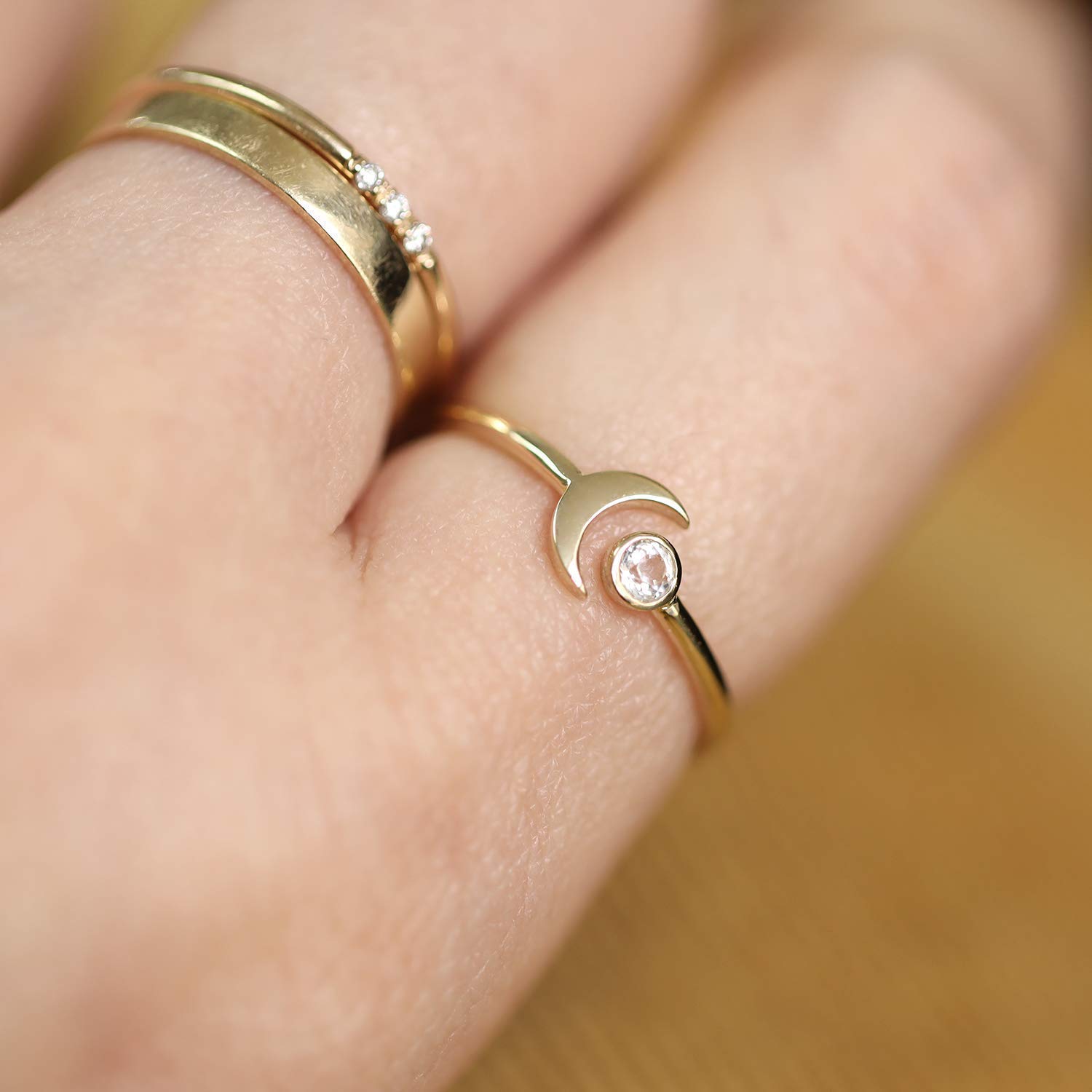 10K 14K Solid Gold Moonstone Open Ring Band - Dainty Unique Stackable Crescent Moon Ring - Natural Moonstone Jewelry for Women - Perfect for Layering, Boho Style & Everyday Wear