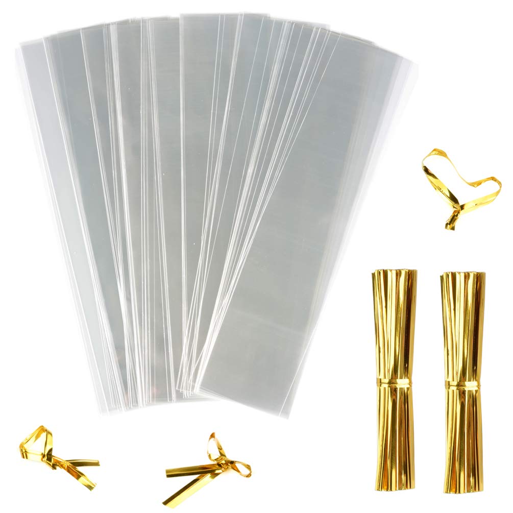 Funnyard 200 PCS 2.4x10 Inch Clear Pretzel Bags - OPP Plastic Candy Treat Bags with 200 Twist Ties for Cookies, Candies, Desserts - Perfect for Birthday Parties, Bakery Packaging & Holiday Gift Bags