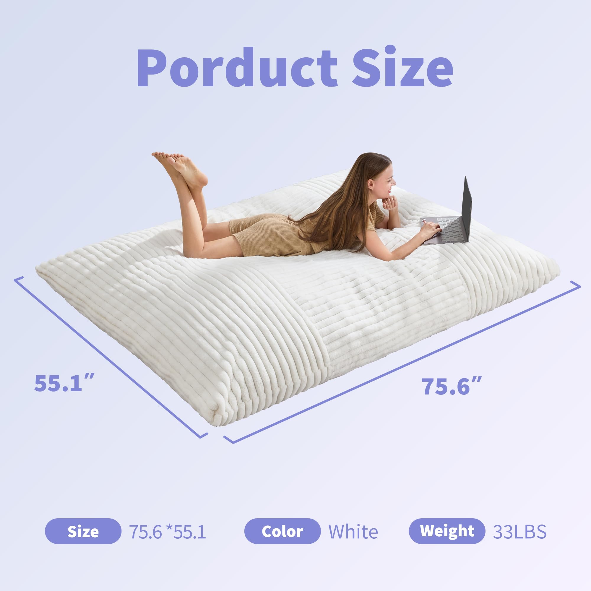 Hobestluk 3-in-1 Convertible Bean Bag Chair - Giant Floor Cushion with Machine Washable Cover for Adults (White) | Perfect for Living Room, Bedroom & Gaming Lounge Relaxation