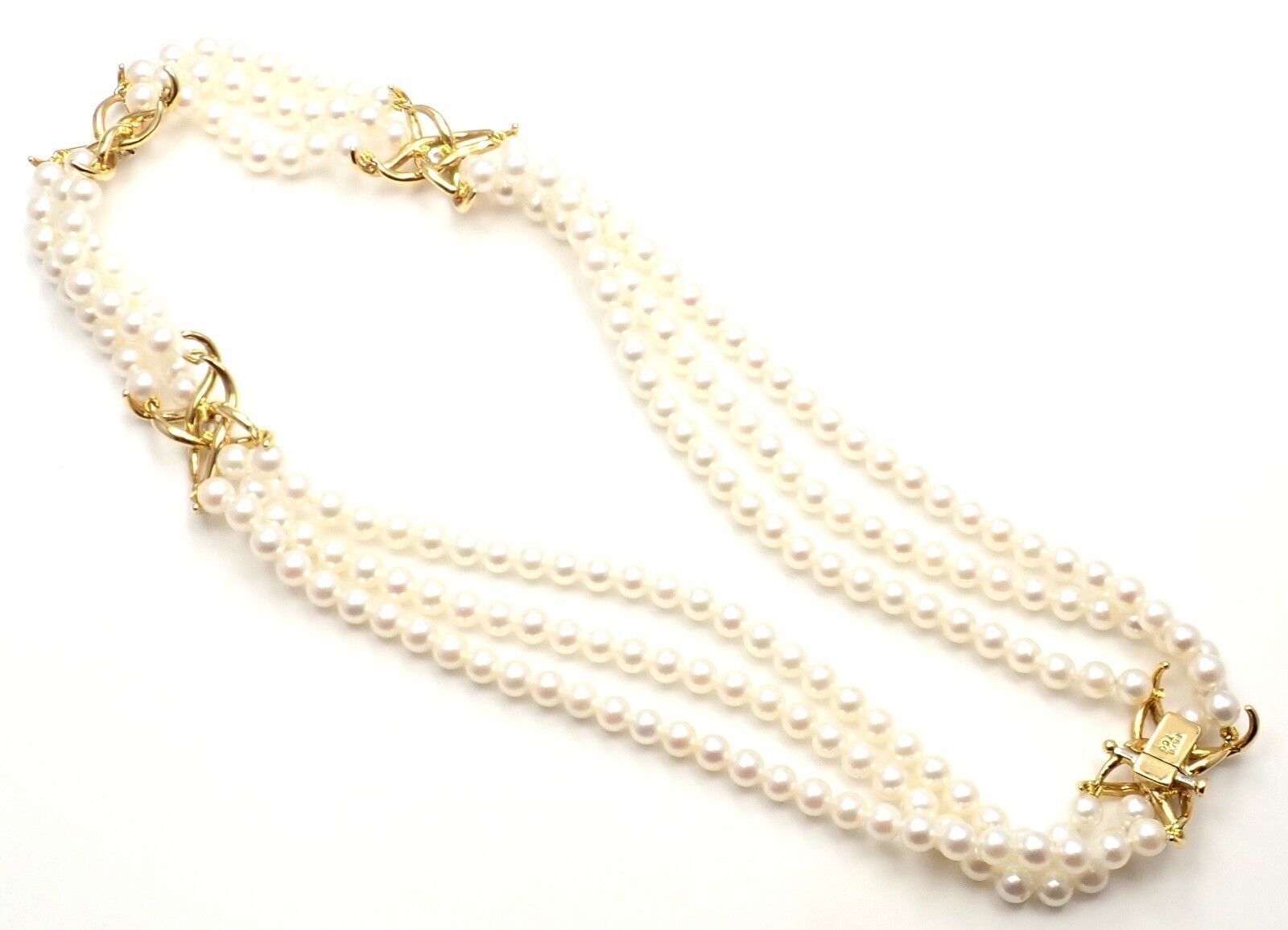 Authentic Tiffany & Co 18k Yellow Gold Diamond 3-Strand Pearl Necklace - Luxury Jewelry for Weddings, Anniversaries & Special Occasions