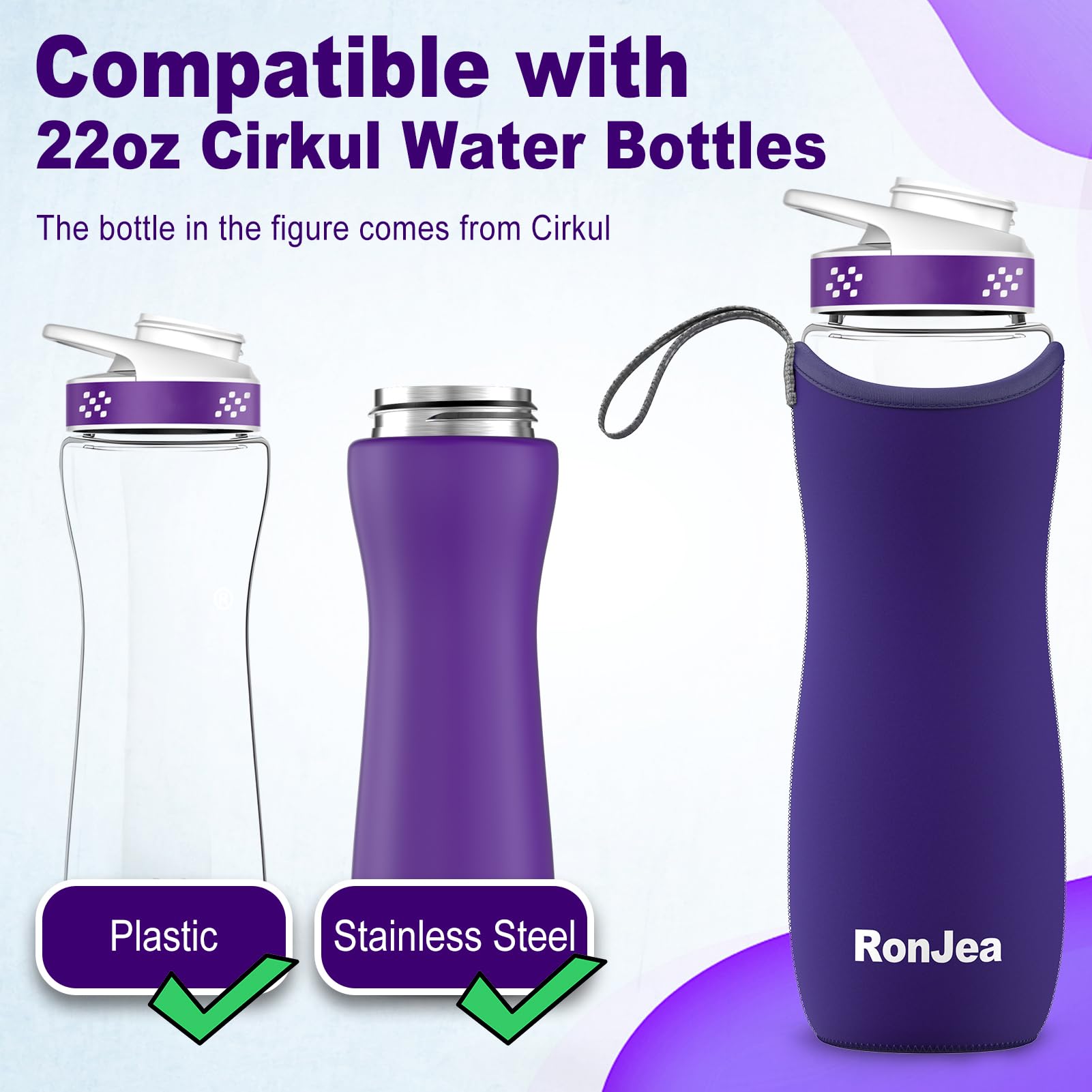 2Pcs Neoprene Sleeve for 22oz Cirkul Water Bottle - Insulated Cover Keeps Drinks Cold & Protects Bottle - Fits 22oz Plastic/Stainless Steel Cirkul Bottles (Purple) - Perfect for Gym, Hiking, Office & Outdoor Activities