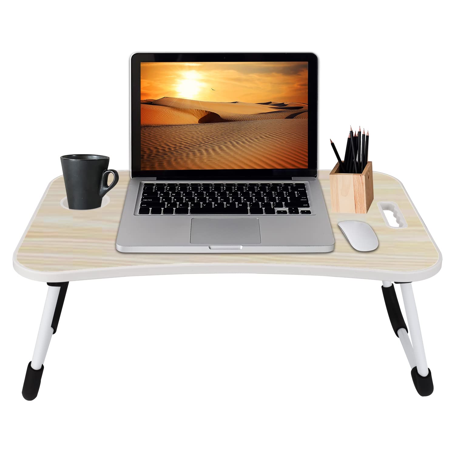 MAVOCRAFT Foldable Wooden Lap Desk for Laptop & Tablet - 23x15 Inch Portable Bed Tray with iPad Slot & Cup Holder - Lightweight Sofa & Bed Table for Home Office, Study, Reading - Beige