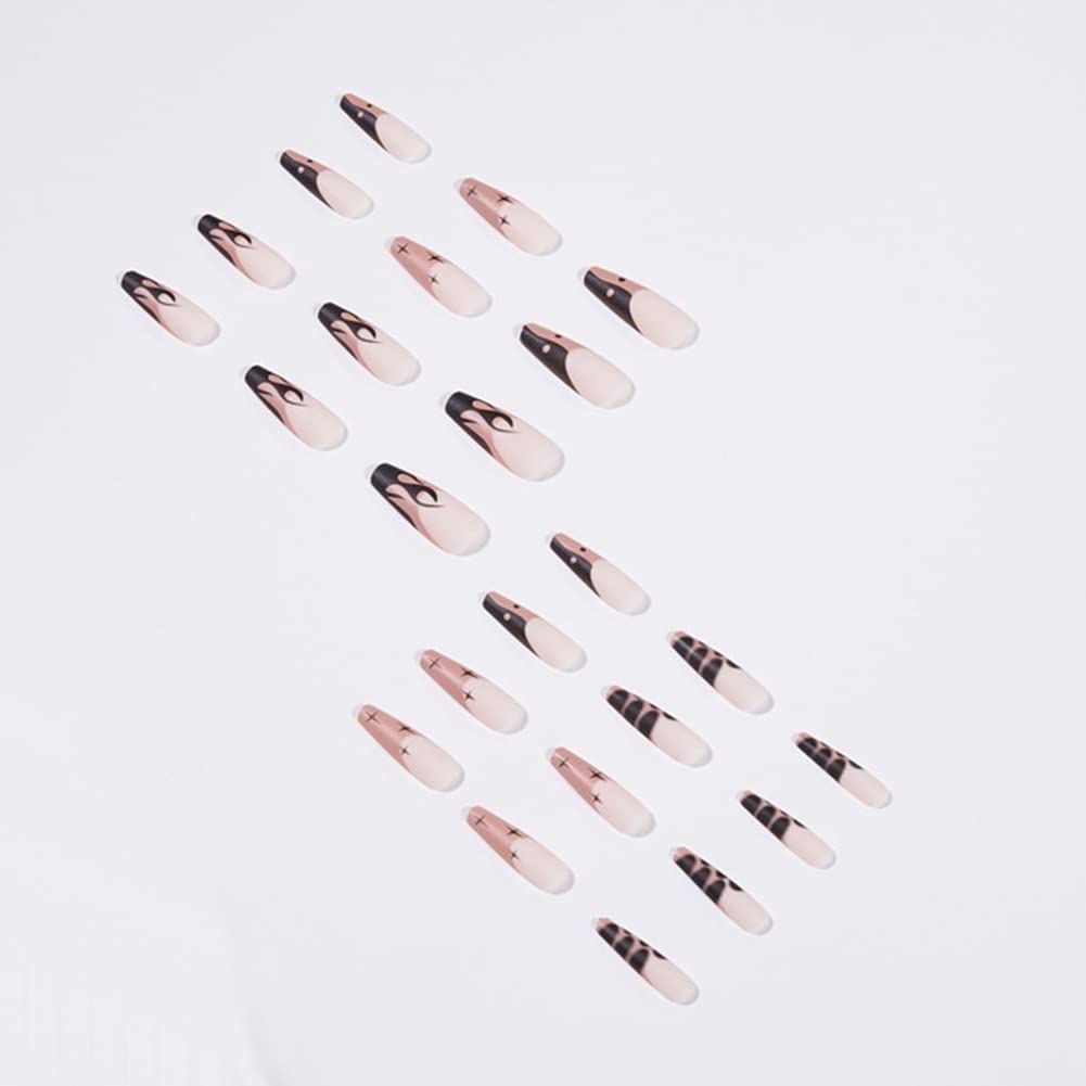 24Pcs Long Coffin Press on Nails - Flame Design Glossy False Nails for Women & Girls | Full Cover Fake Nails with Ballerina Shape | Perfect for Parties, Weddings & Special Occasions