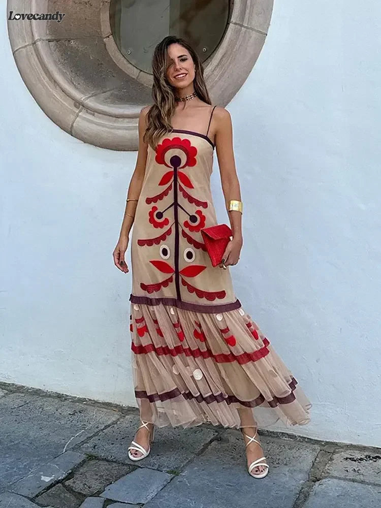 Elegant Floral Print Mesh Ruffles Long Dress for Women - Chic Spaghetti Strap Sleeveless Backless Summer Dress for Holiday Party, Beach Wedding & Special Occasions