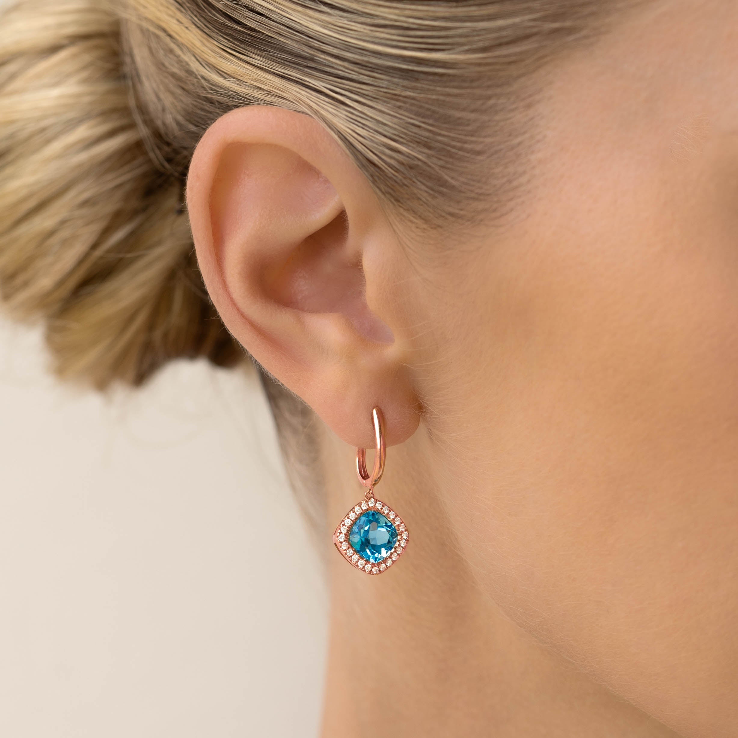 Stunning Swiss Blue Topaz & Diamond Halo Drop Earrings in Rose Gold - Elegant Elvira Design for Weddings, Parties & Special Occasions