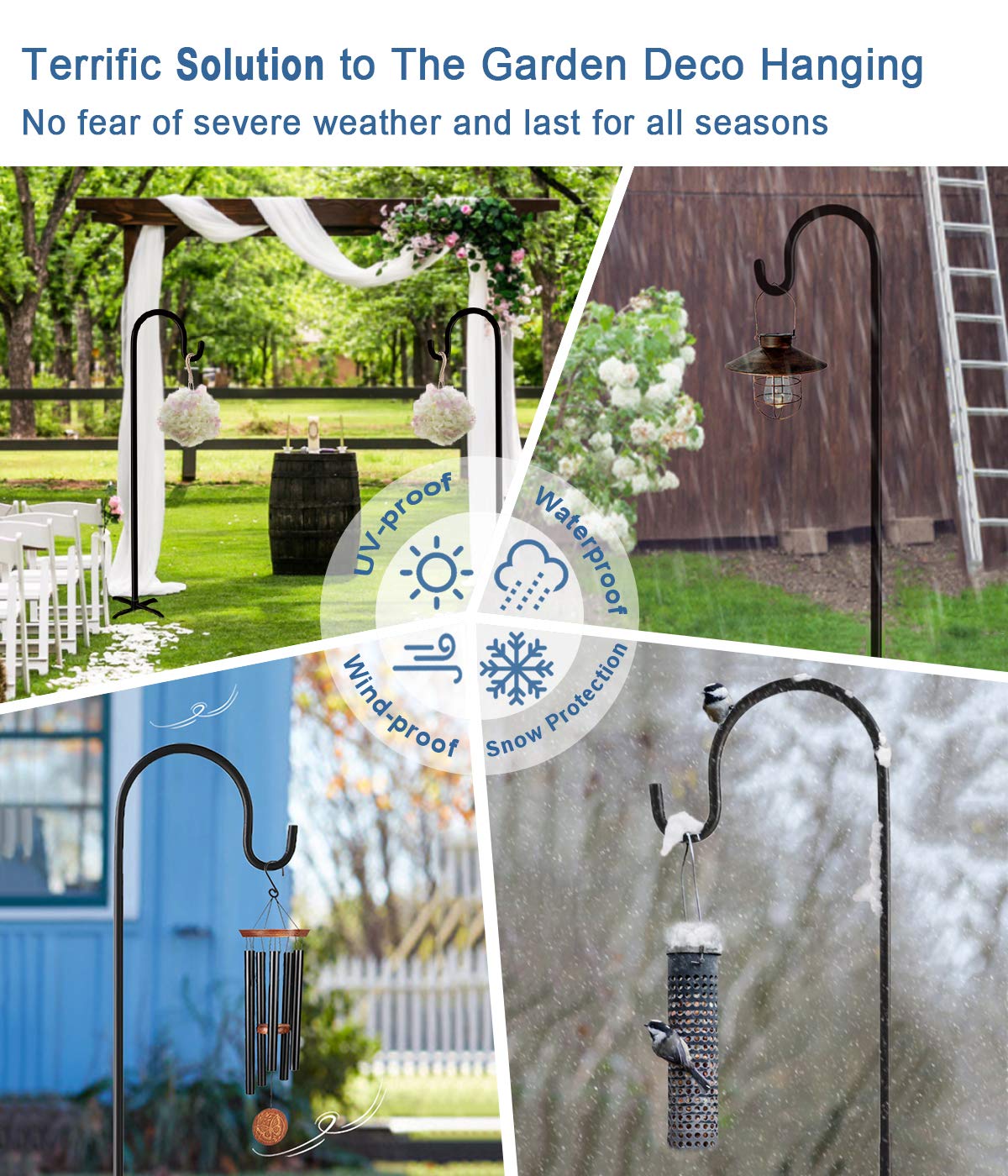 92 Inch Heavy Duty Adjustable Outdoor Shepherd Hooks (2 Pack) - 5-Prong Base Garden Hanging Stand for Bird Feeders, Lanterns & Planters - Matte Black - Perfect for Patio, Yard Decor & Outdoor Wedding Decorations