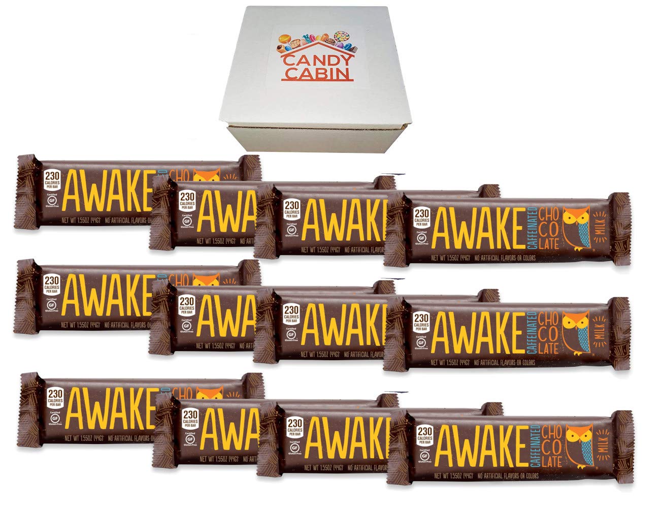 Awake Caffeinated Chocolate Energy Bars - 12 Pack Milk Chocolate Energy Snacks for Workouts, Hiking & Office Boost | Candy Cabin Brand