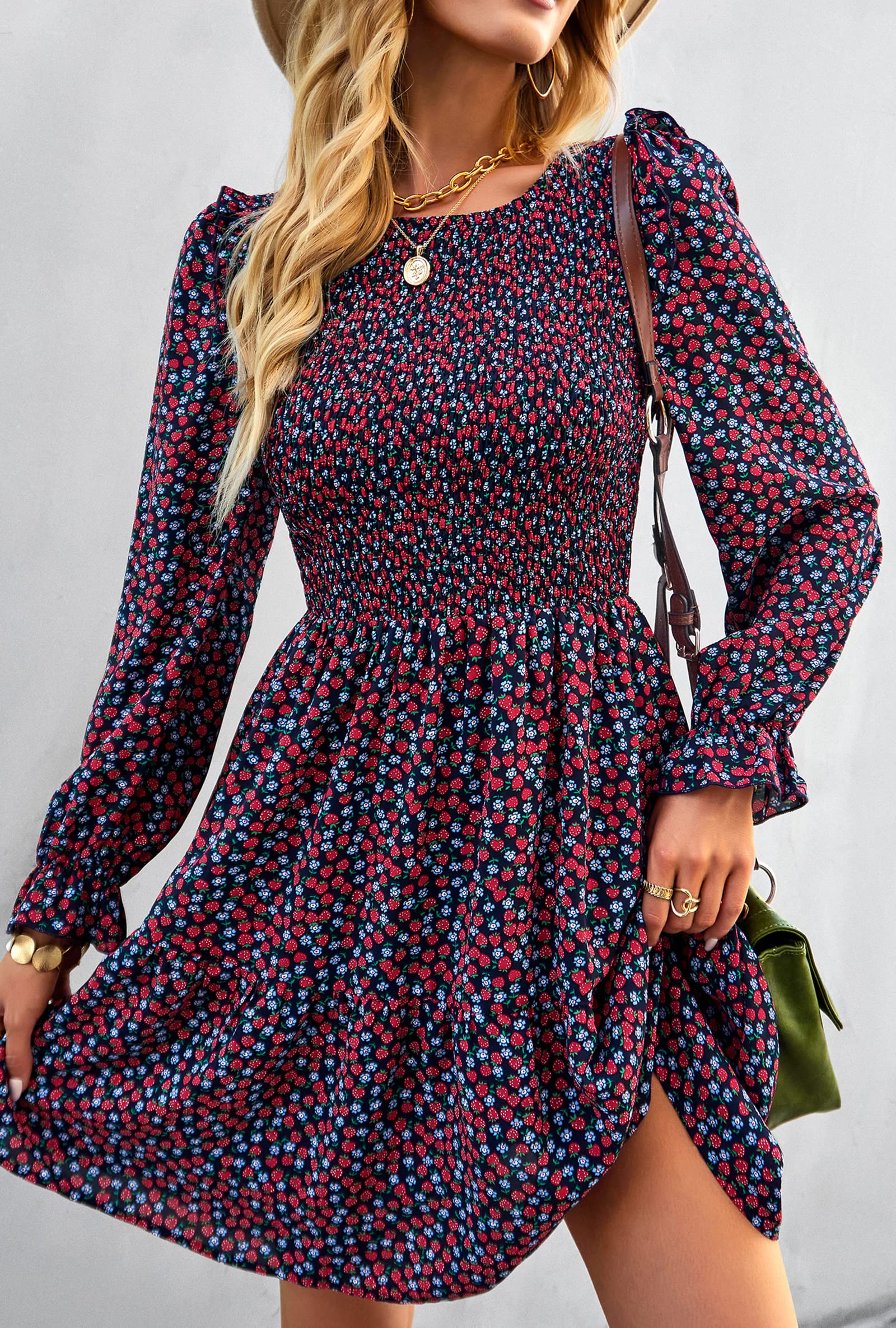 KIRUNDO Women's Floral Smocked Long Sleeve Spring Dress 2025 - Crewneck Ruffle A-Line Flowy Mini Party Dress for Summer, Weddings, Garden Parties & Date Nights