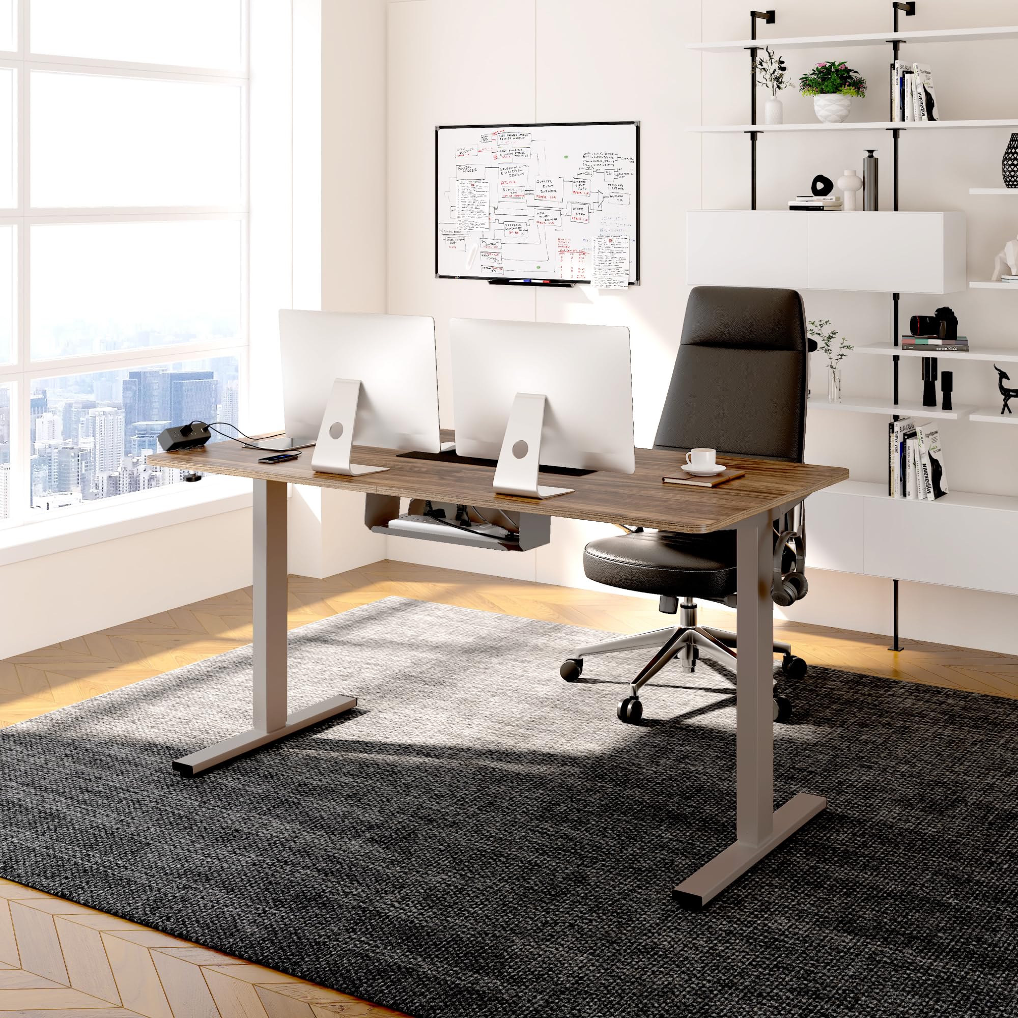 FLEXISPOT EN2 Electric Standing Desk 48 x 30 Inches - Height Adjustable Whole-Piece Desk with Clamp Power Strip & Cable Management (Gray Frame, Brown Wood Grain Desktop) - Perfect for Home Office, Gaming & Workspace Setup